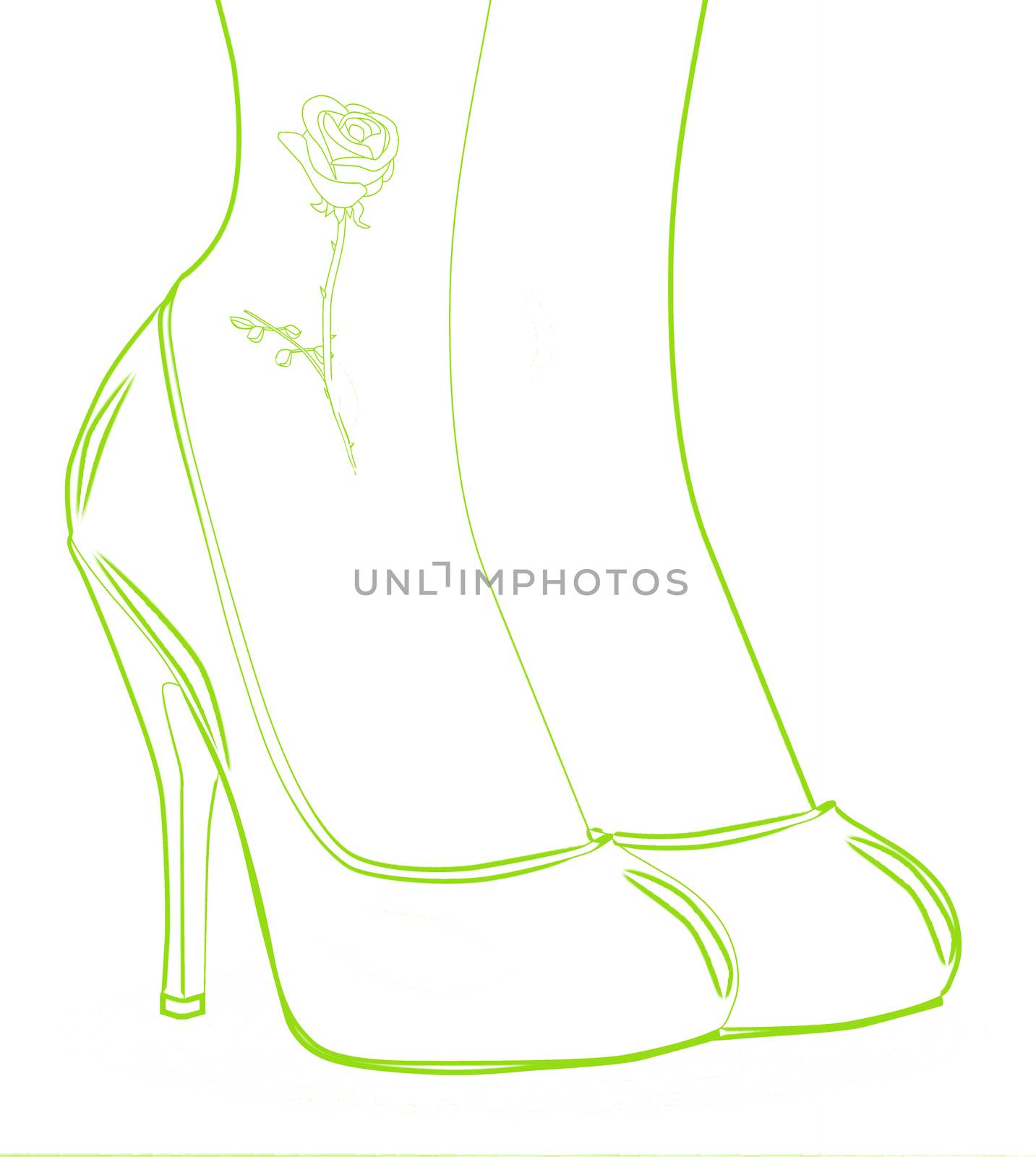 A pair of ladies legs with a red rose tattoo in steletto heal shoes in outline