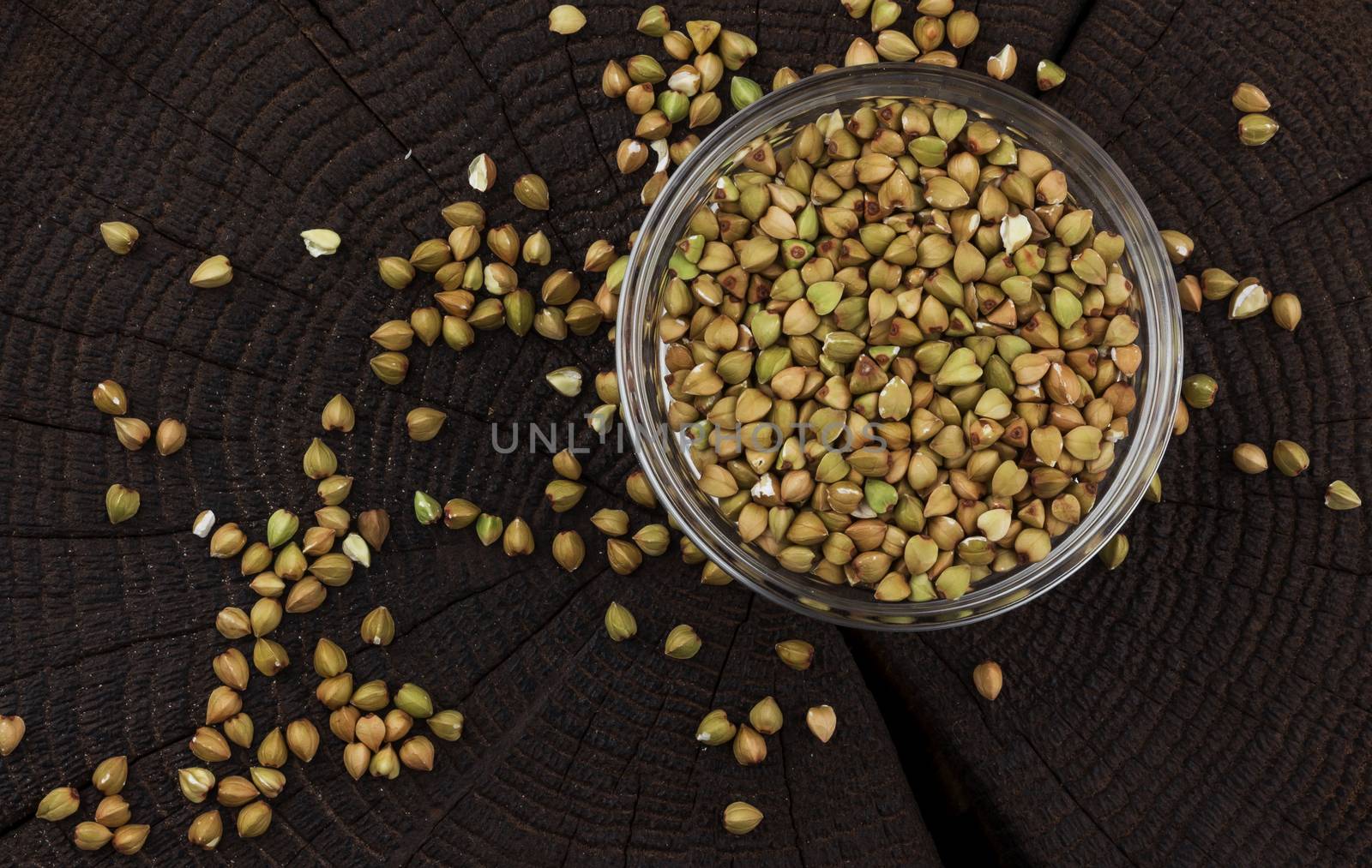 Bowl of green buckwheat on black wooden background. Top view by xamtiw