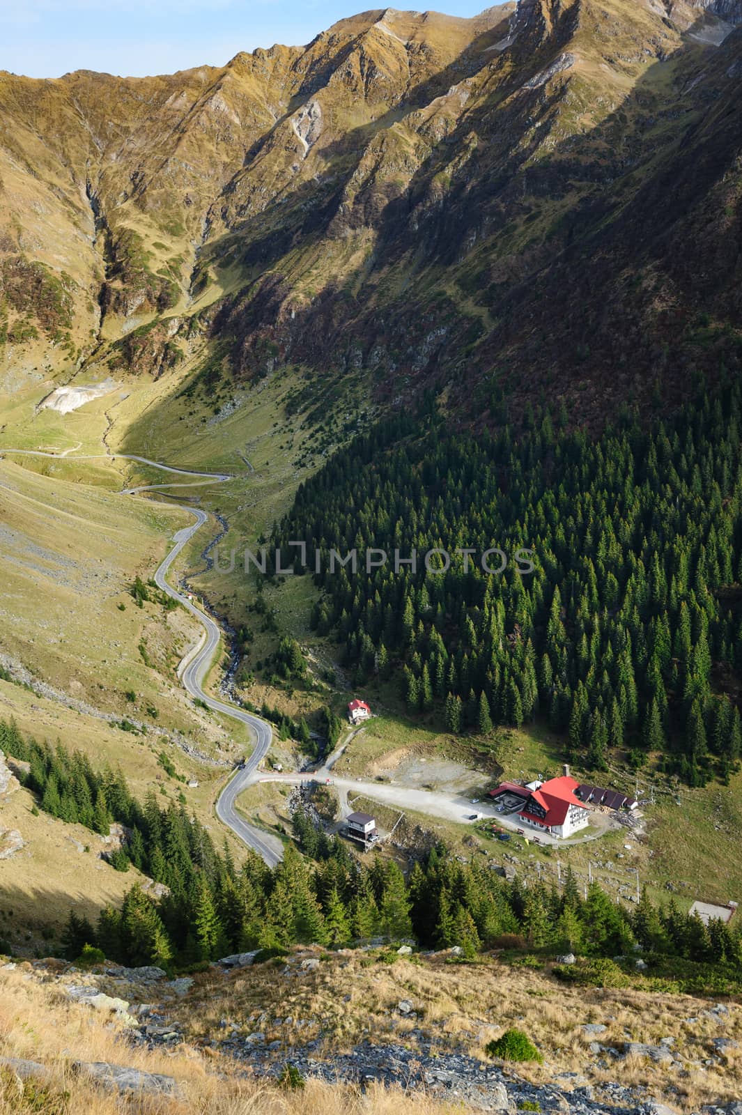 View from Transfagarasan road down to valley. It is a paved mountain road crossing the southern section of the Carpathian Mountains of Romania.