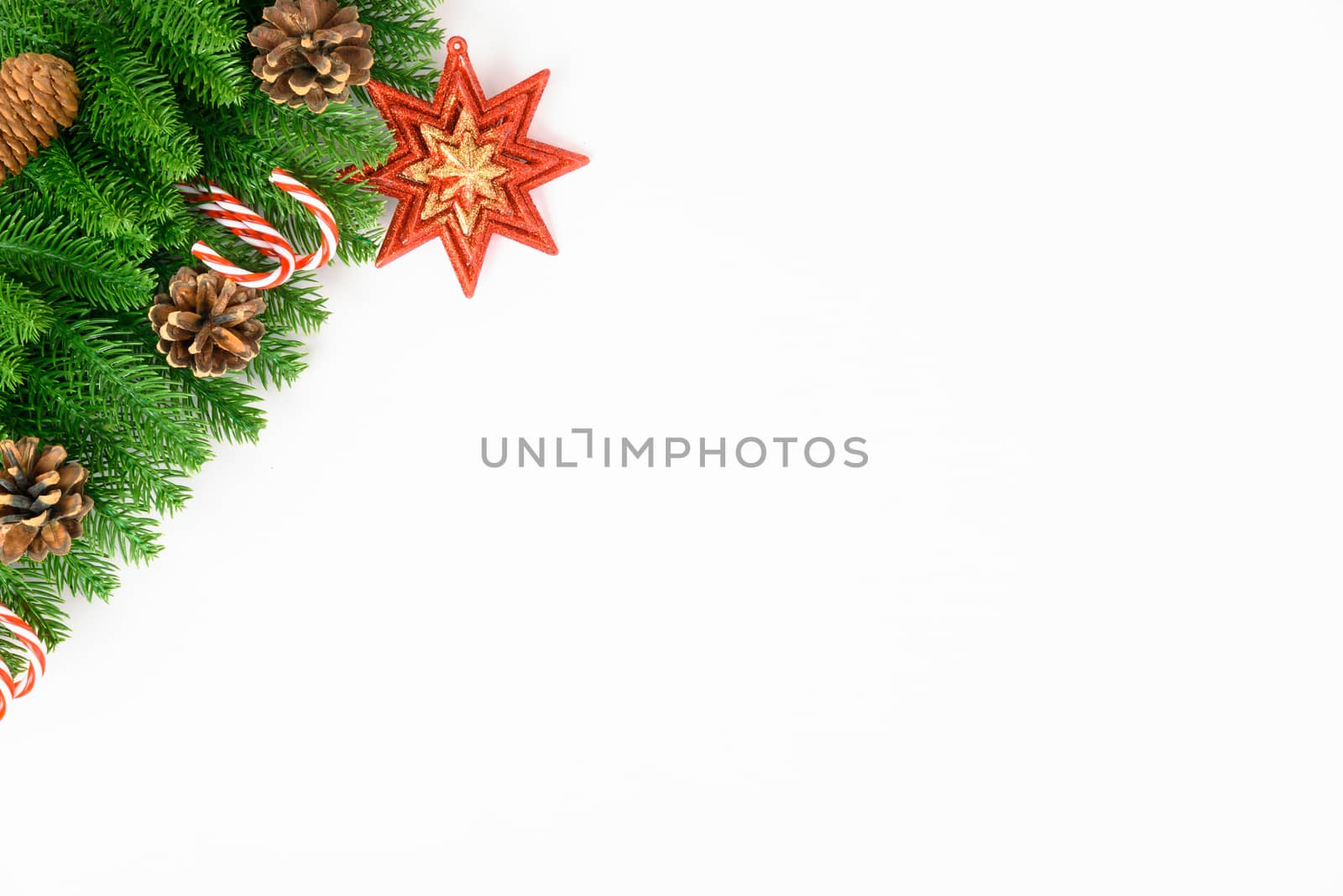 Happy new year or christmas day top view decorative fir tree on white background with copy space for your text