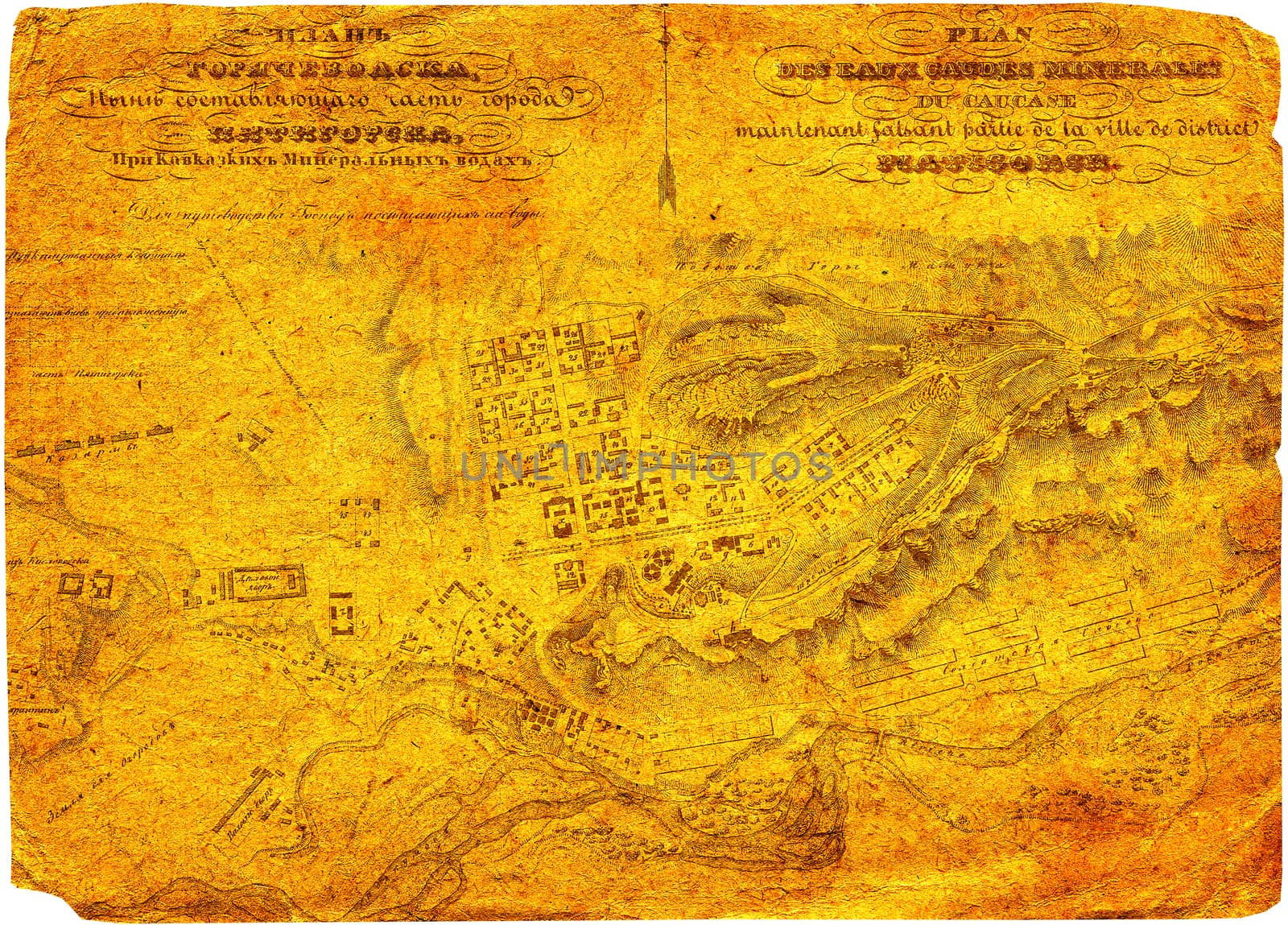 Old yellowed generic vintage city map.