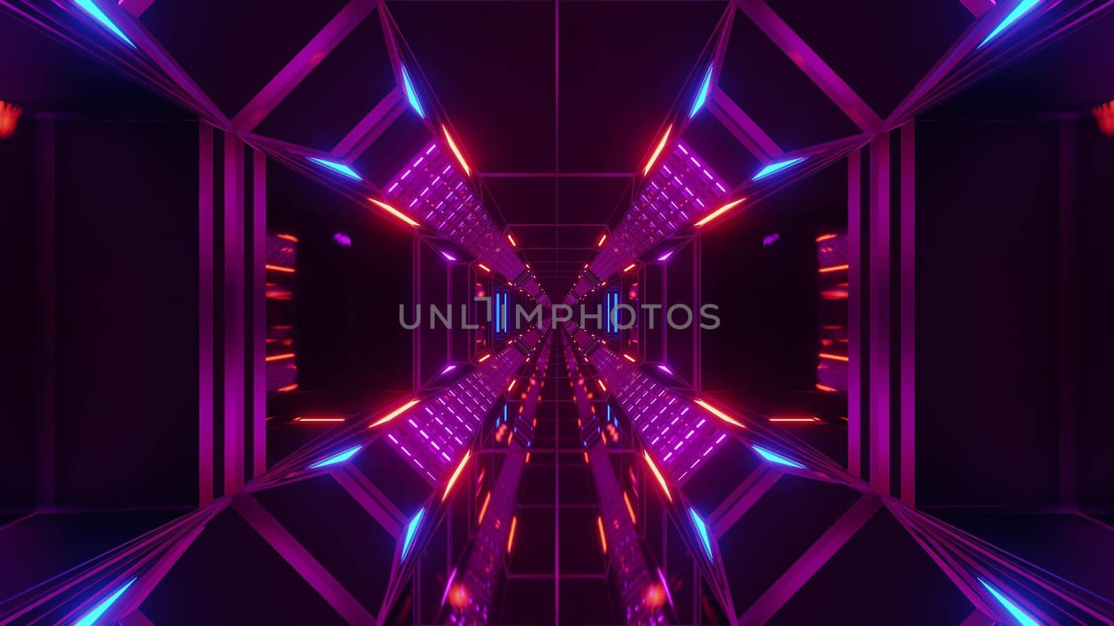 futuristic science-fiction tunnel corridor with metal steal wire-frame kontur and endless glowing lights 3d illustration background wallpaper graphic design by tunnelmotions