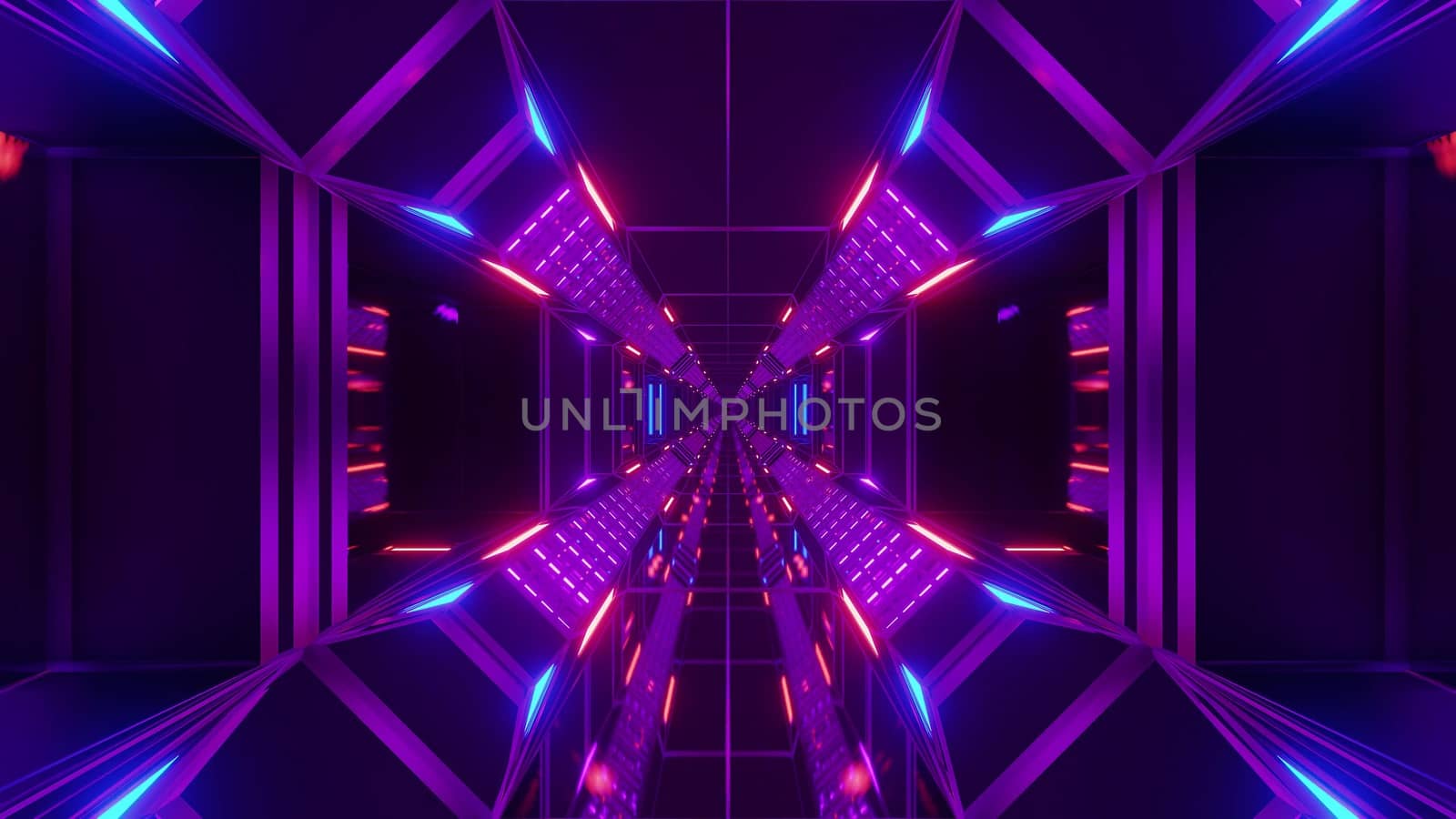 futuristic science-fiction tunnel corridor with metal steal wire-frame kontur and endless glowing lights 3d illustration background wallpaper graphic design, endless scifi space hangar with glass windows 3d rendering design