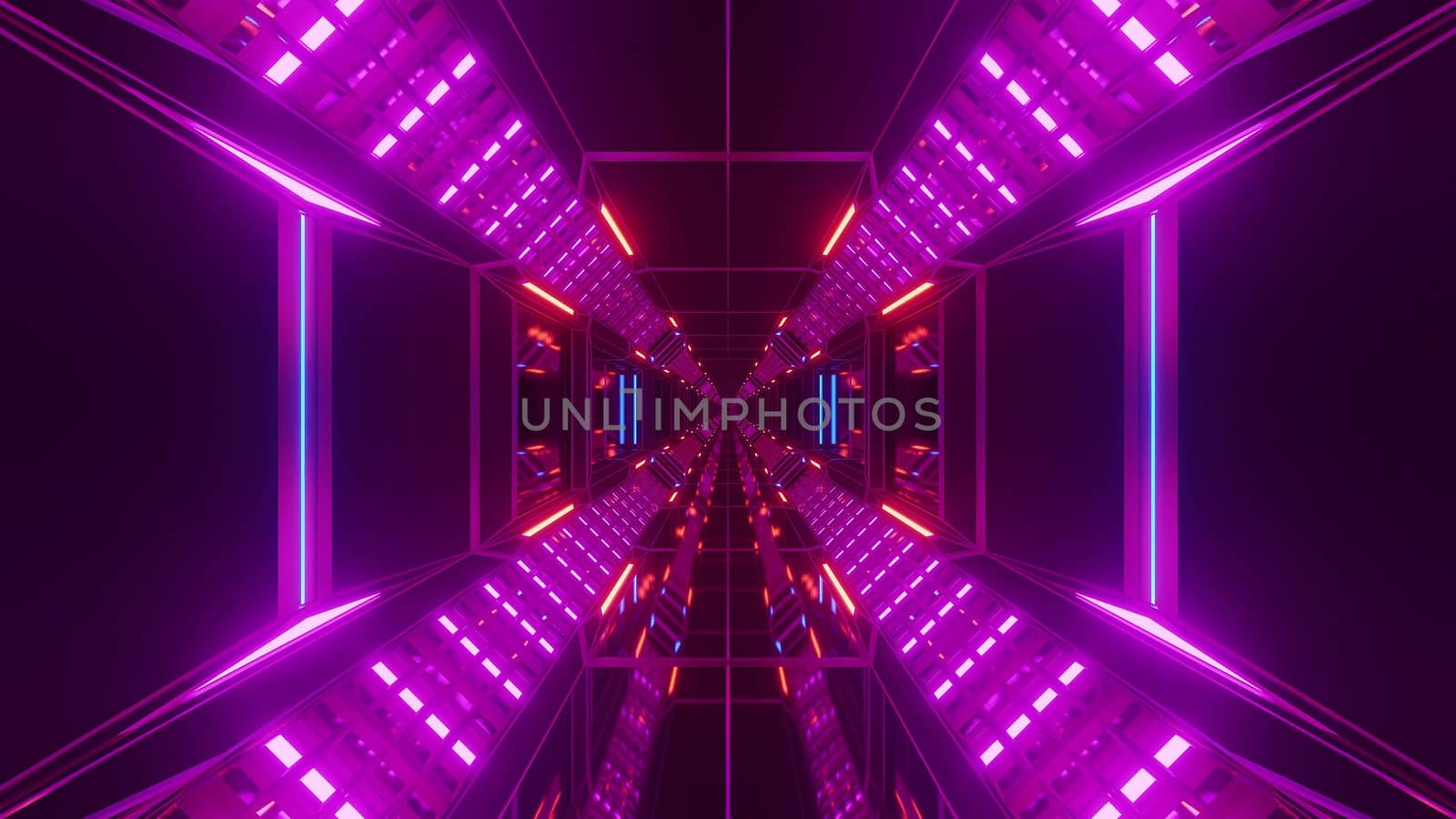 futuristic science-fiction tunnel corridor with metal steal wire-frame kontur and endless glowing lights 3d illustration background wallpaper graphic design by tunnelmotions