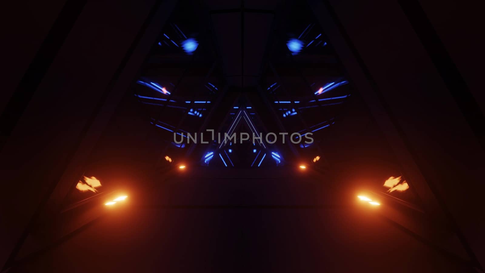 abstract dark glowing triangle graphic design artwork with reflective wet water or glass bottom 3d illustration background wallpaper, triangle alien space ship tunnel corridor 3d rendering design