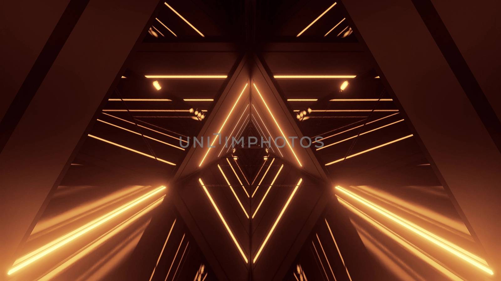 abstract dark glowing triangle graphic design artwork with reflective wet water or glass bottom 3d illustration background wallpaper, triangle alien space ship tunnel corridor 3d rendering design