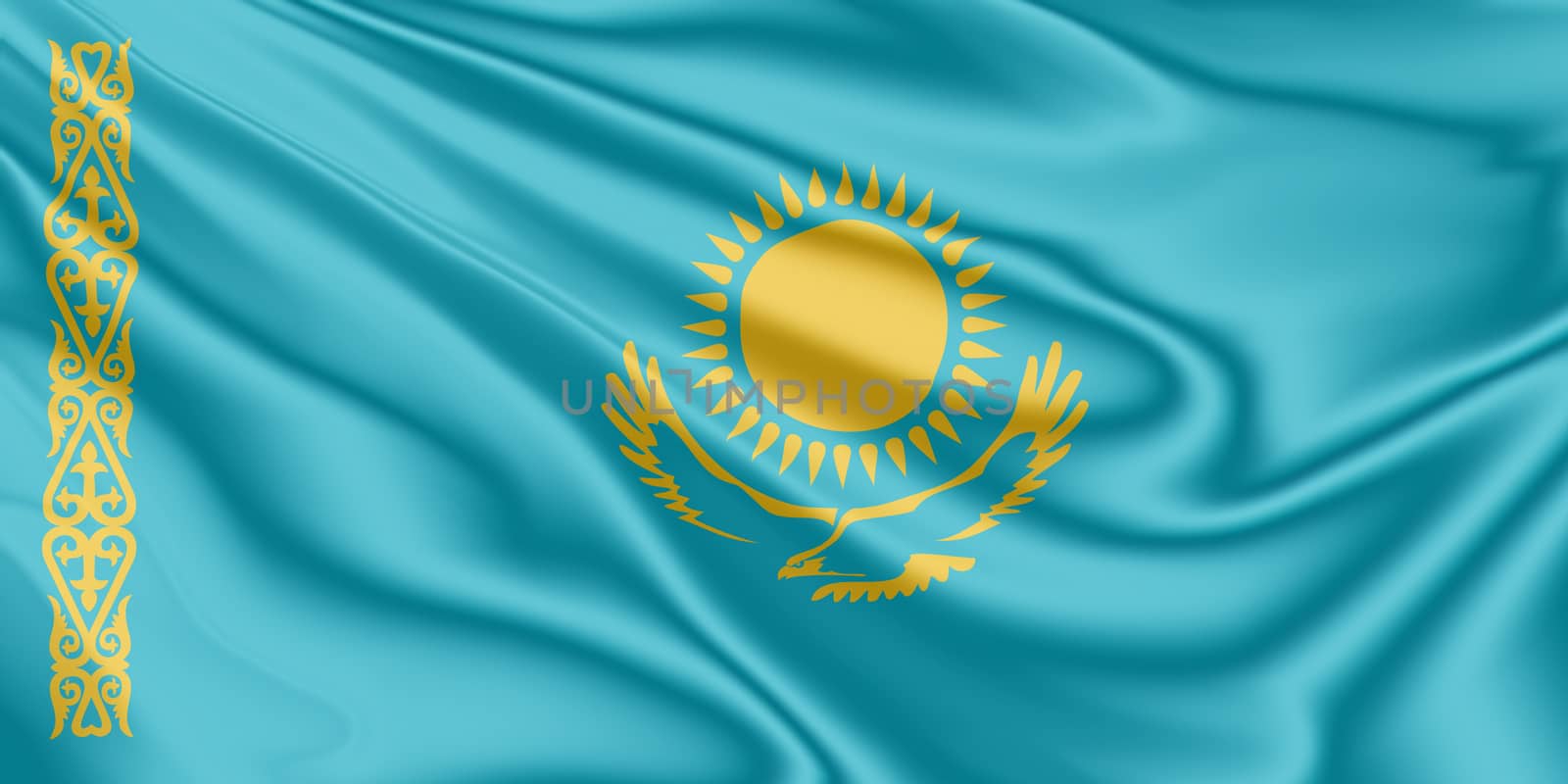 Flag of Kazakhstan fluttering in the wind in 3D illustration by raphtong