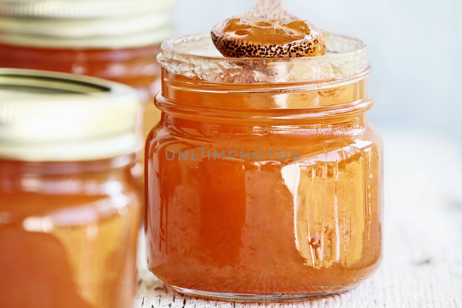 Wooden spoon full of homemade Cantaloupe Jam resting in an open jar filled with jam. Extreme shallow depth of field with selective focus on mason jar in center. Image could also be used for peach jelly or a marmalde. 
