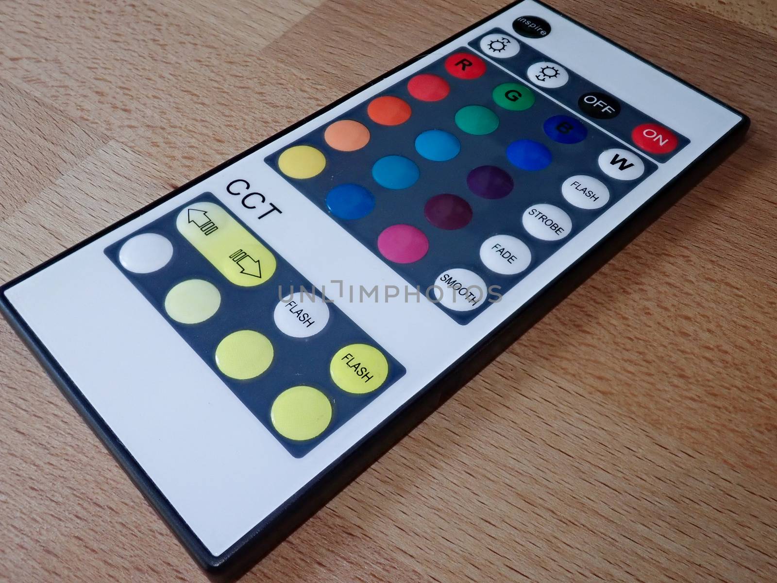 Bucharest / Romania - July 23, 2019: Rgb led remote controller pointing to the led strip by Luca-Mih