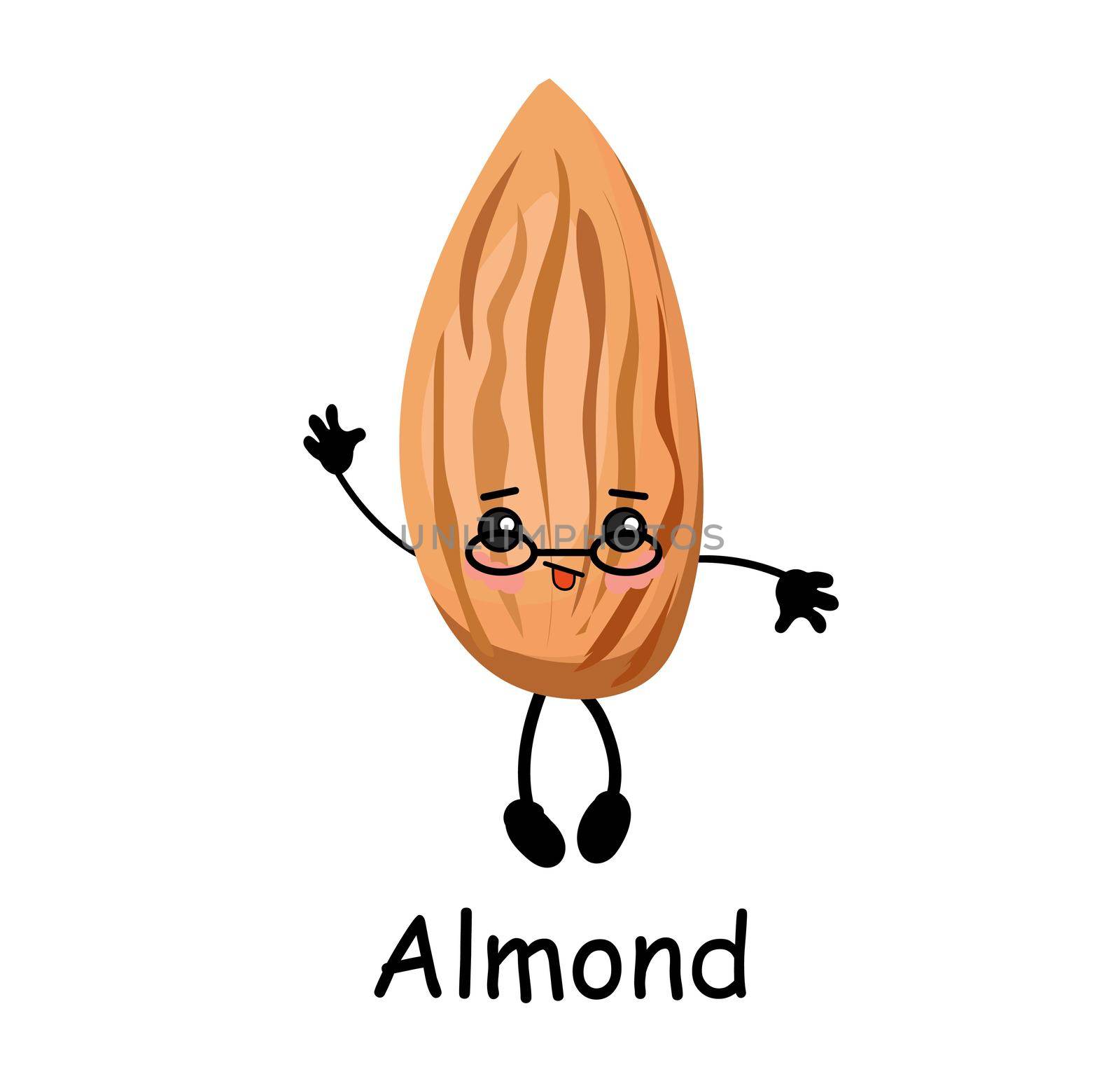 Almond nut character with hands and face. Useful food. Protein.