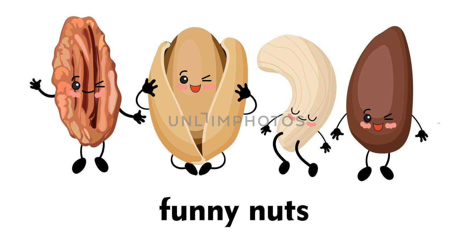 Cute cartoon character. Walnut character. illustration isolated on white background. Pili, cashew, pistachio and pine nuts.. by annatarankova