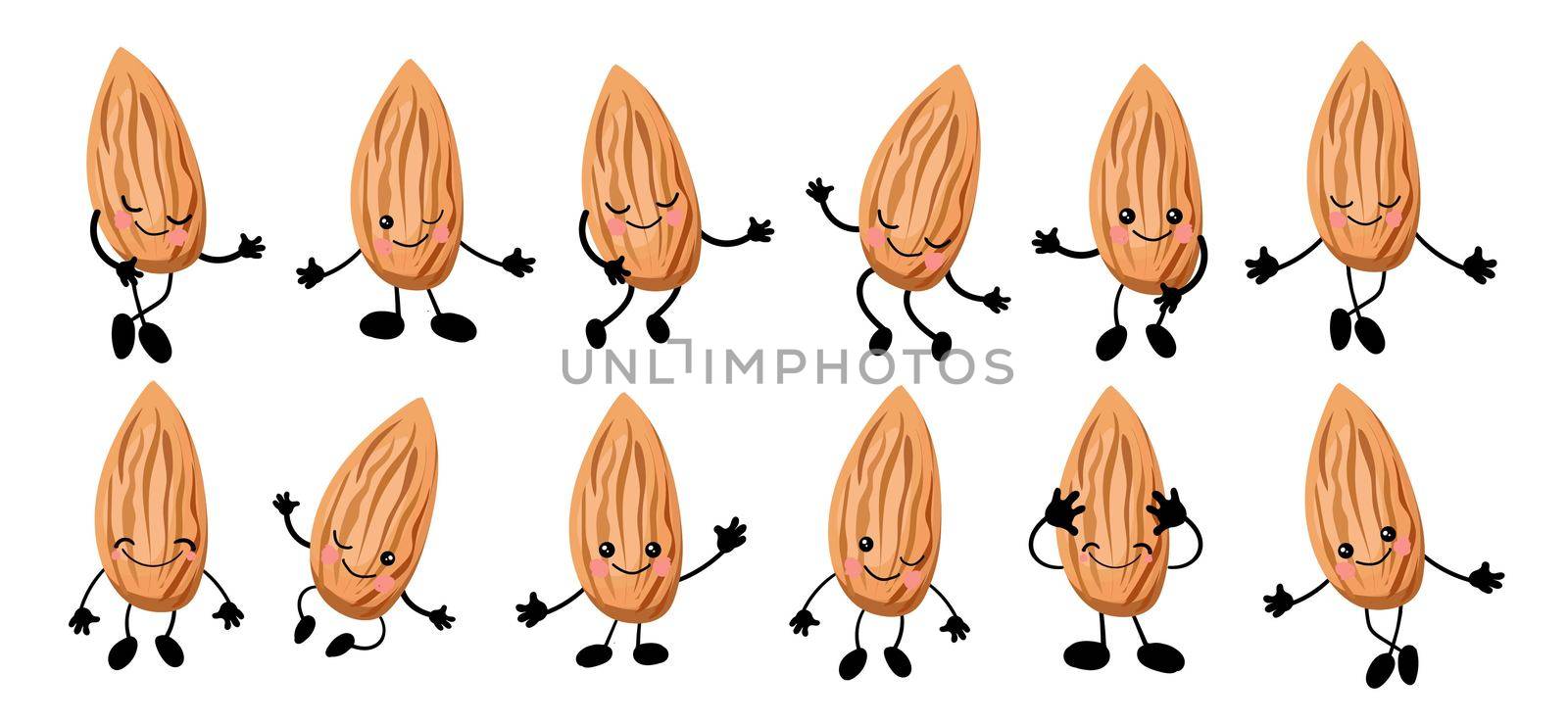 Cute cartoon almond. Walnut character. illustration isolated on white background.