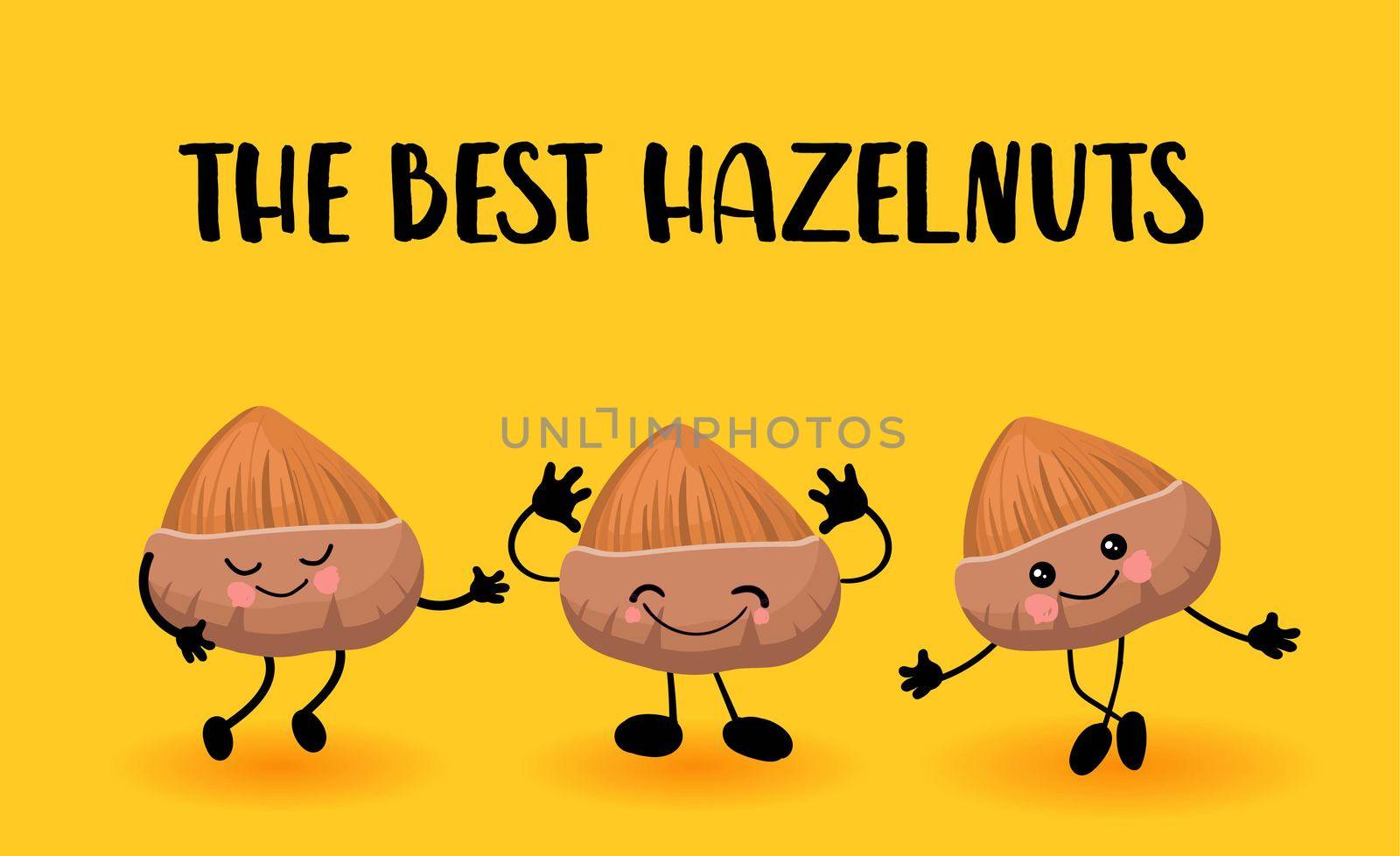 Walnut hazelnut character. Greeting card or logo yellow bright background. Useful and fresh food. Vegetarianism and vegans