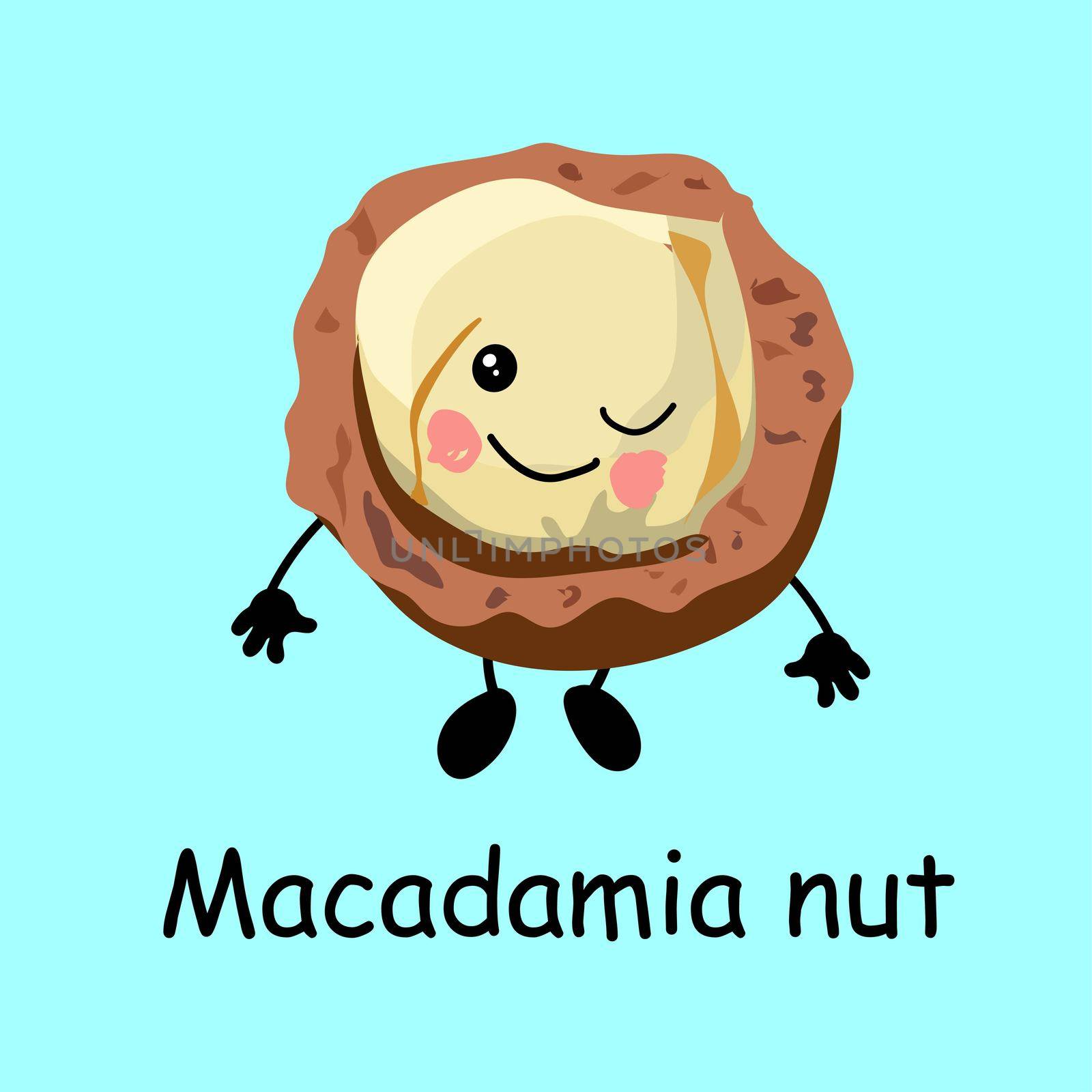 Macadamia nut. Cute nut character with hands and eyes. Cartoon fruit or vegetable. Useful vegan food