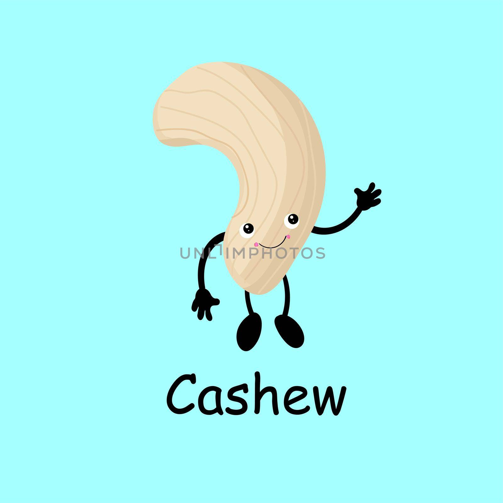 Cashew. Cute nut character with hands and eyes. Cartoon fruit or vegetable. Useful vegan food