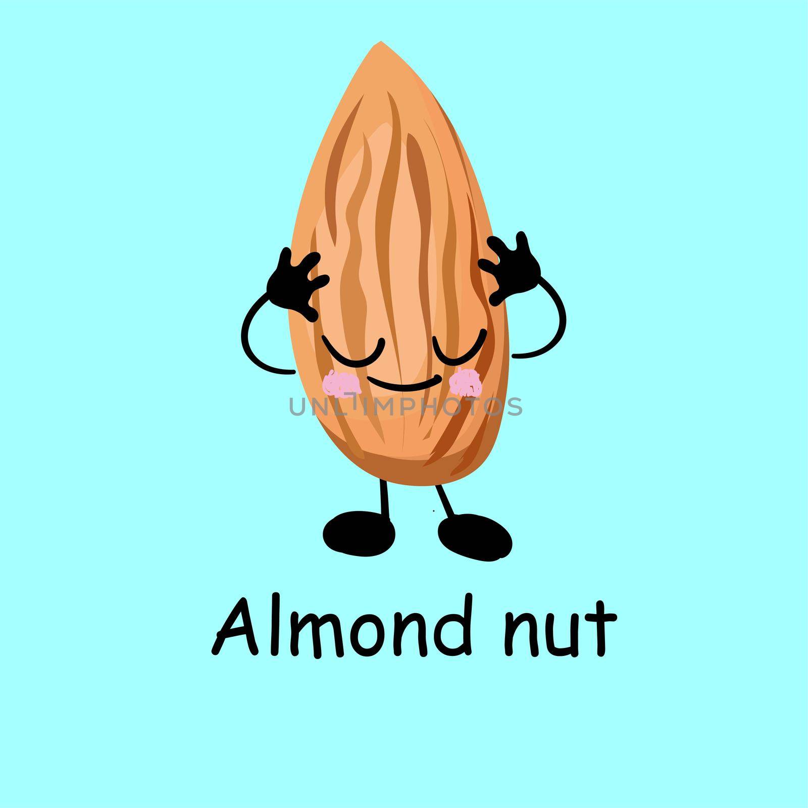 Almonds. Cute nut character with hands and eyes. Cartoon fruit or vegetable. Useful vegan food