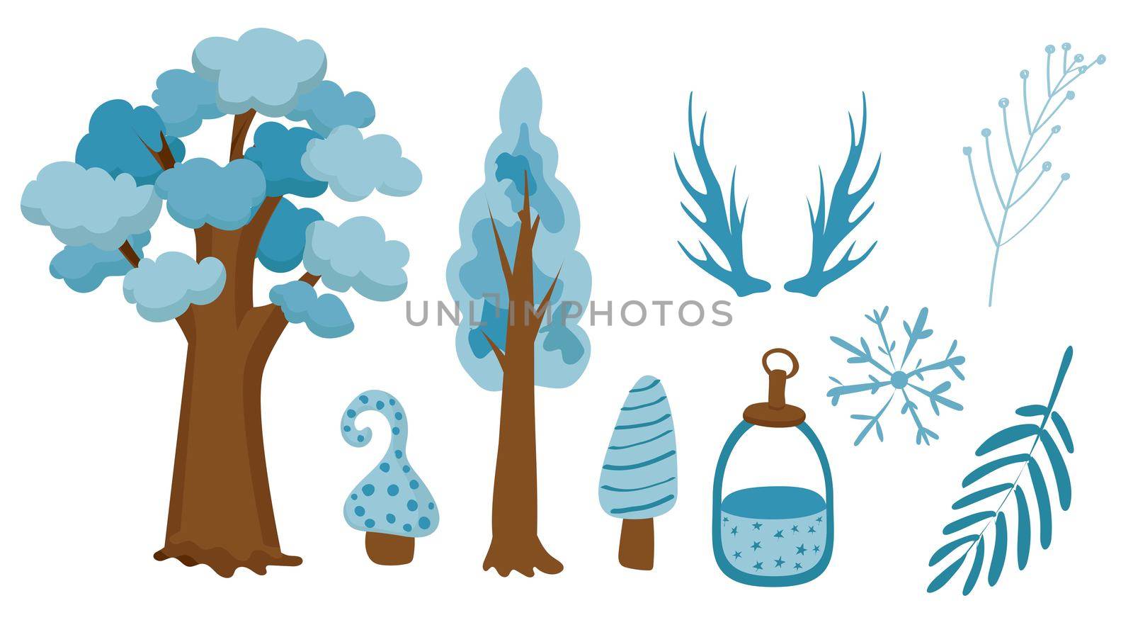 Elements for scrapbooking. Trees, leaves, deer antlers, lantern. Blue winter tree. Christmas mood. Isolated on white background.