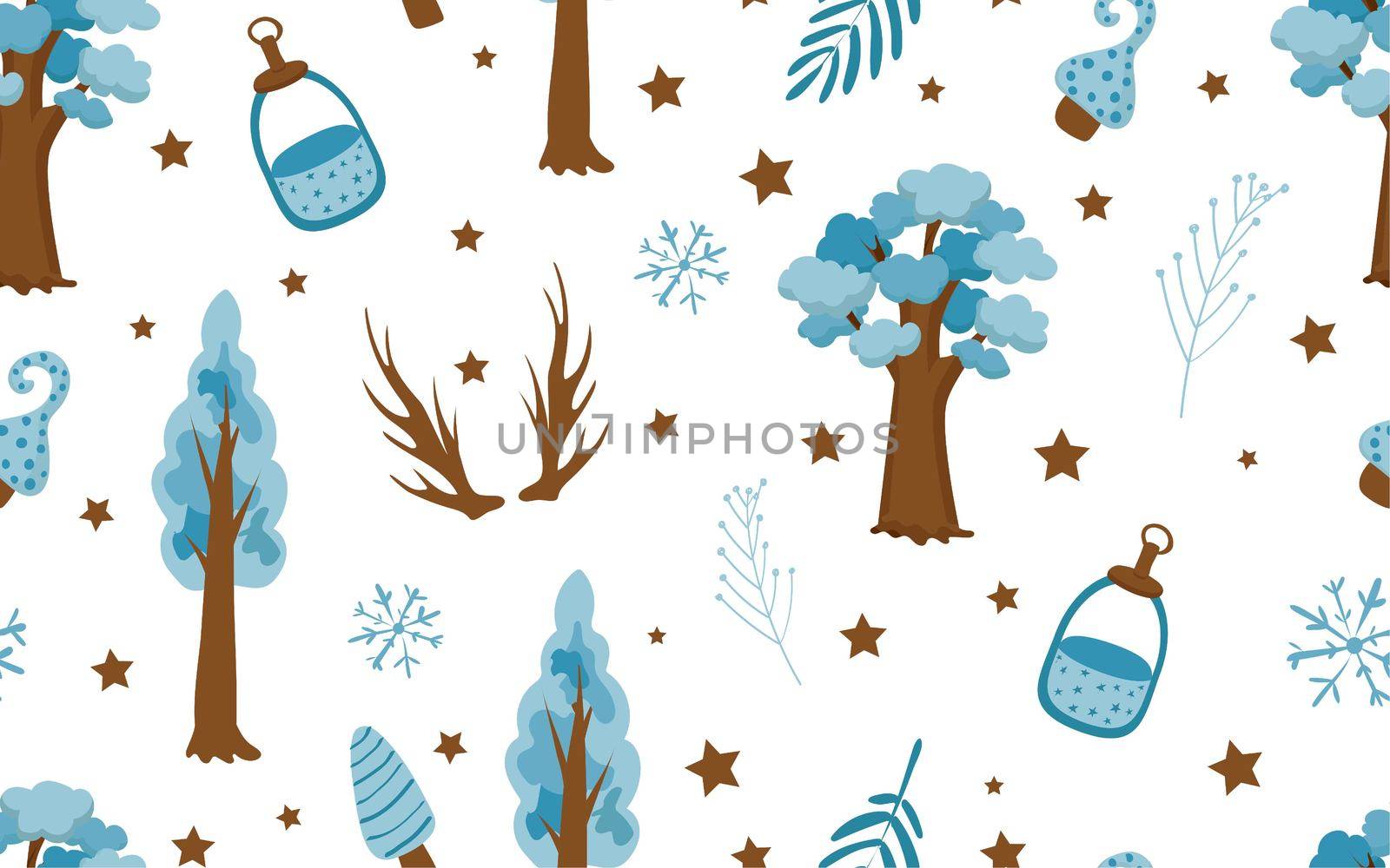 Cute fashion pattern in the northern style. Blue tone. Tree, deer horns and leaves on a white background. Children's textiles.. by annatarankova