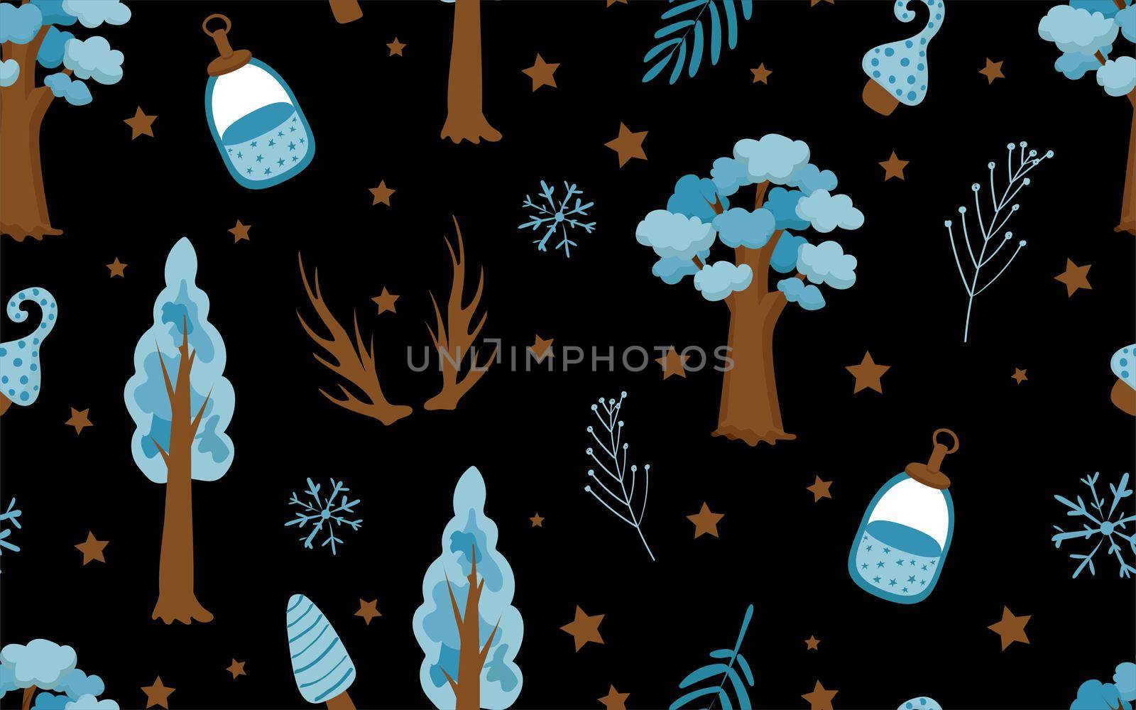Cute fashion pattern in the northern style. Blue tone. Tree, deer horns and leaves on a white background. Children's textiles.