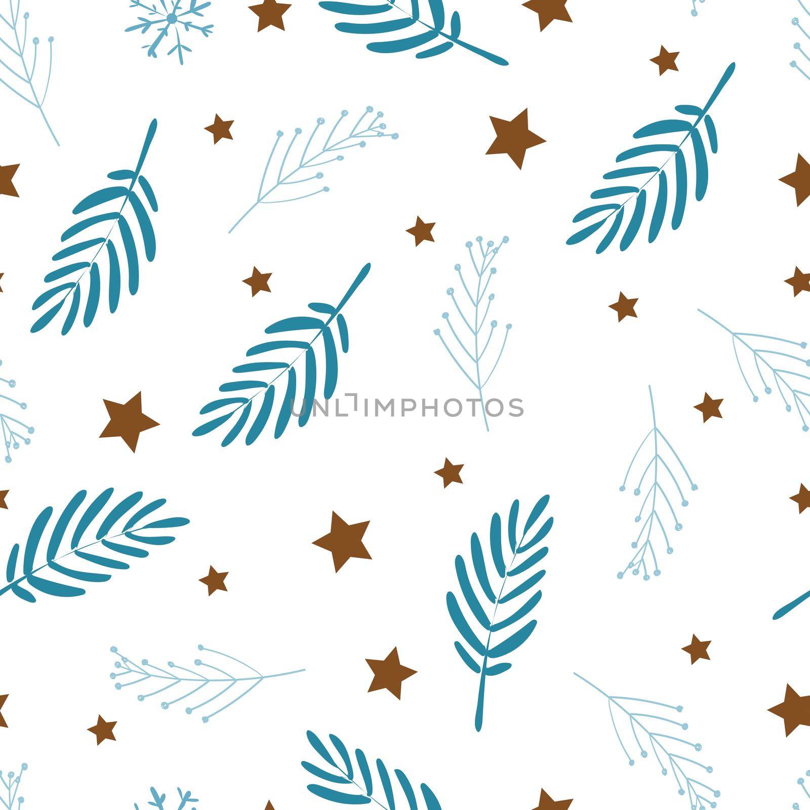 Delicate seamless pattern on white background. Baby bedding or curtains. Blue leaves and stars. Scandinavian style. by annatarankova