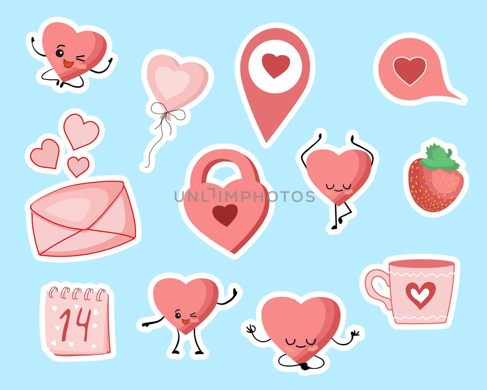 Valentine's Day stickers. Heart, castle, cup cloud love