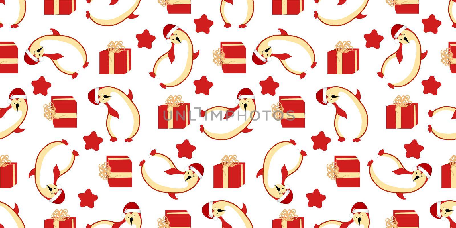 Christmas seamless pattern. Cute funny cartoon penguin. Arctic animals. New Year. Gift in a box.