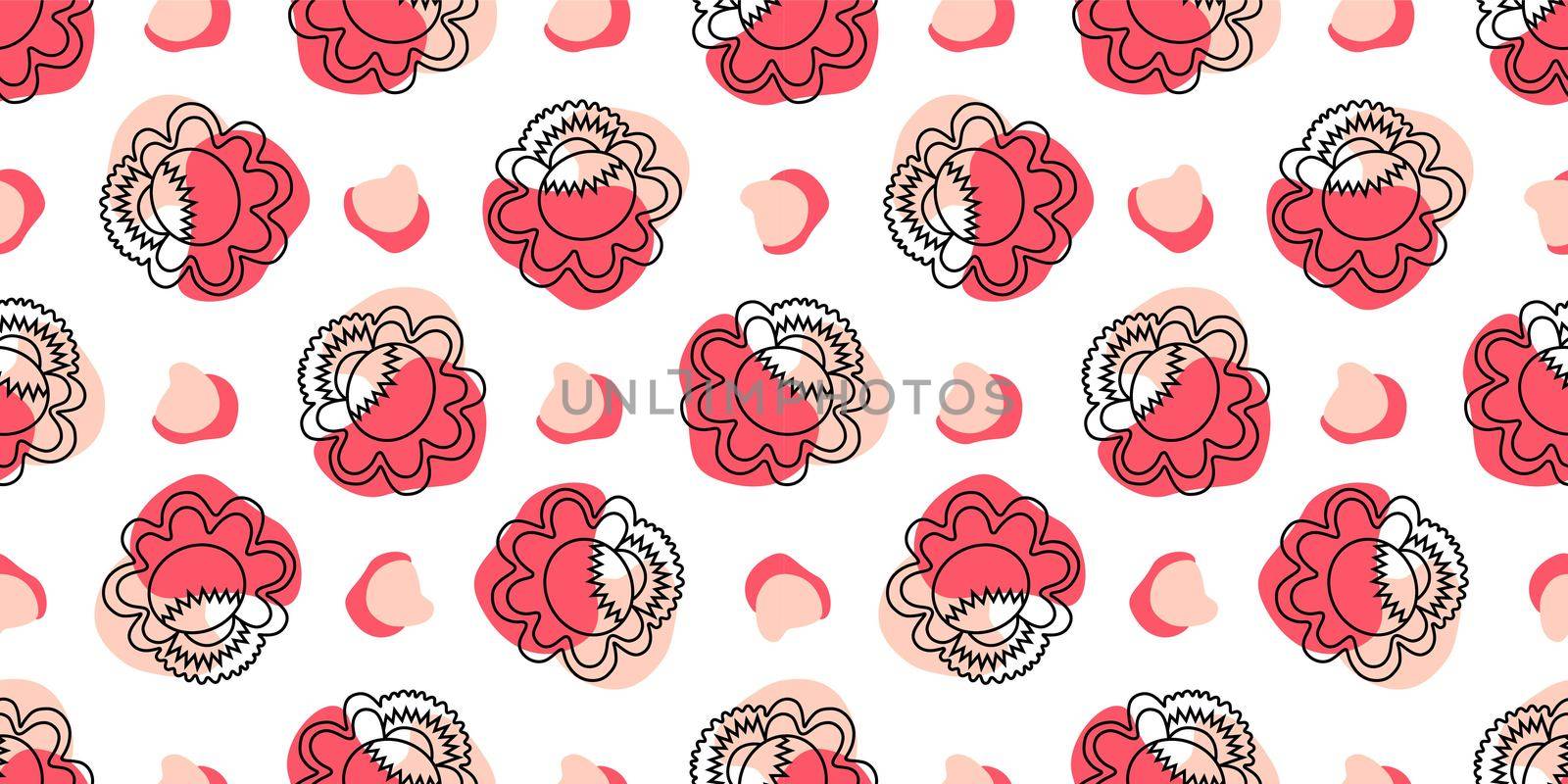 Seamless pattern with linear flowers. Petrikov painting style. Textile and wrapping paper design. Red, pink and white color.