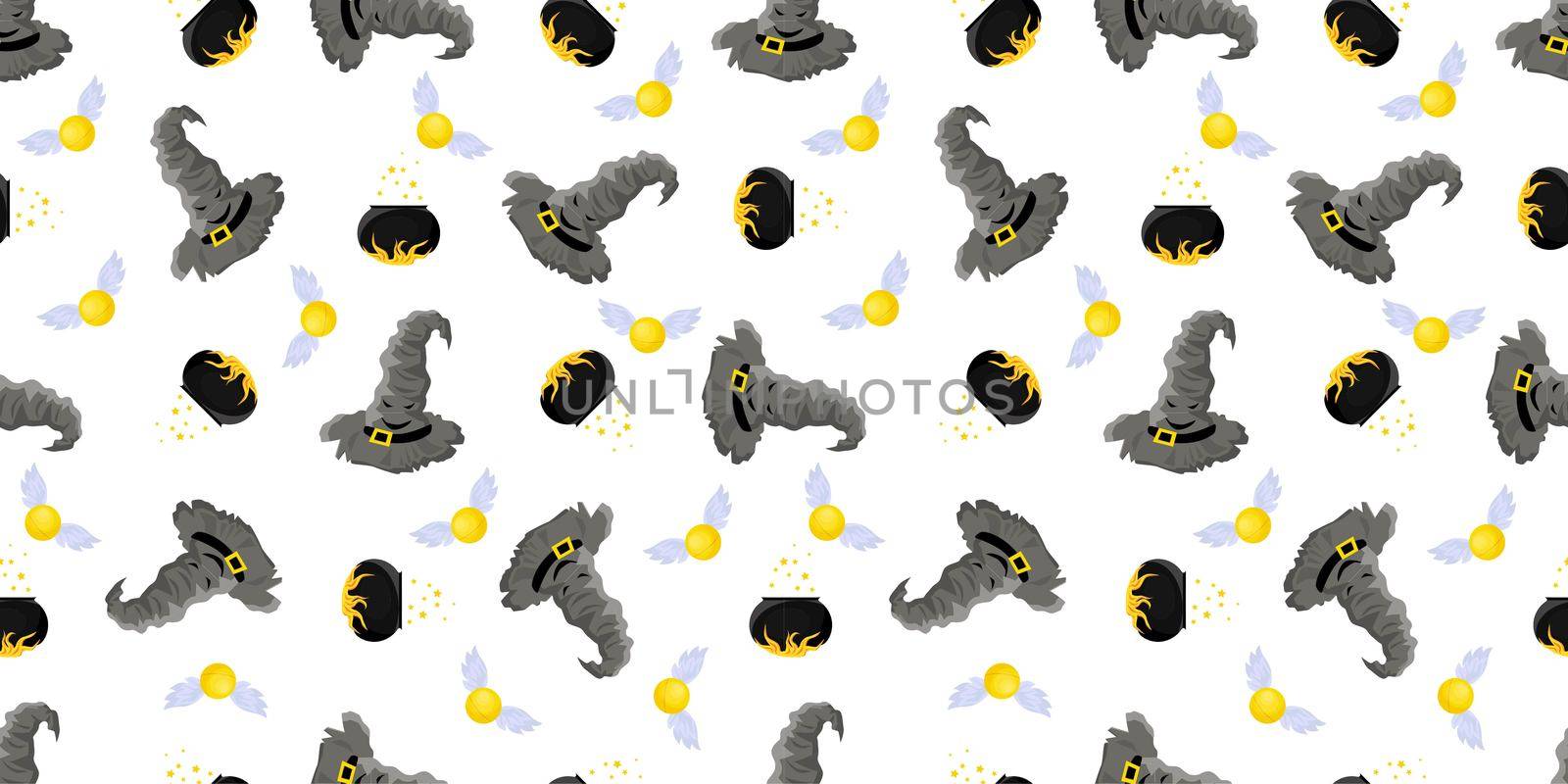 Seamless pattern magic and sorcery. Hat of predictions and a broom for flying. Hogwarts School.