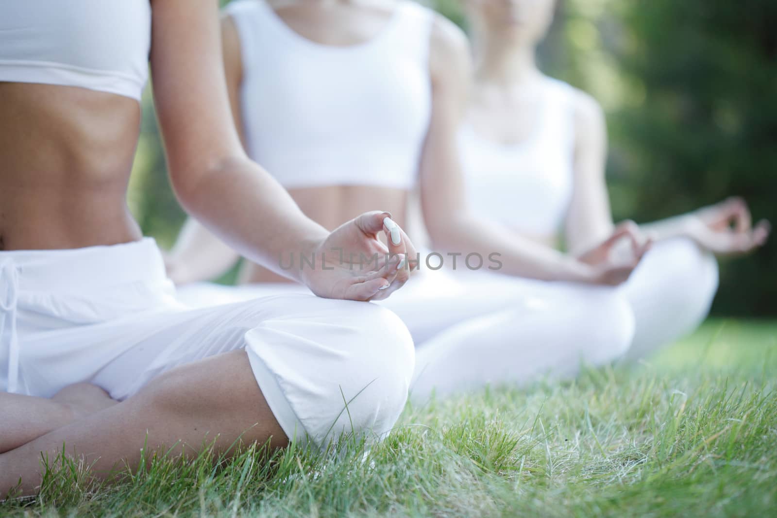 Women sitting in lotus position during yoga training at park