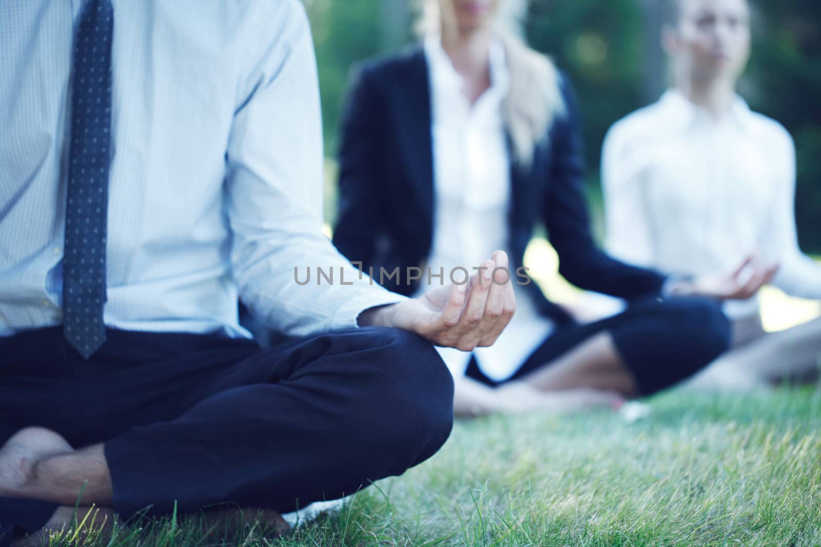 Business people practicing yoga in park