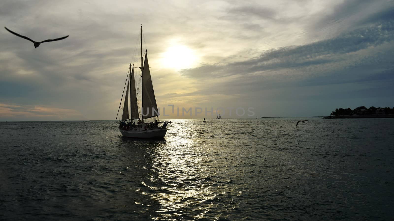 Sailboat on Ocean against Sunset Sky