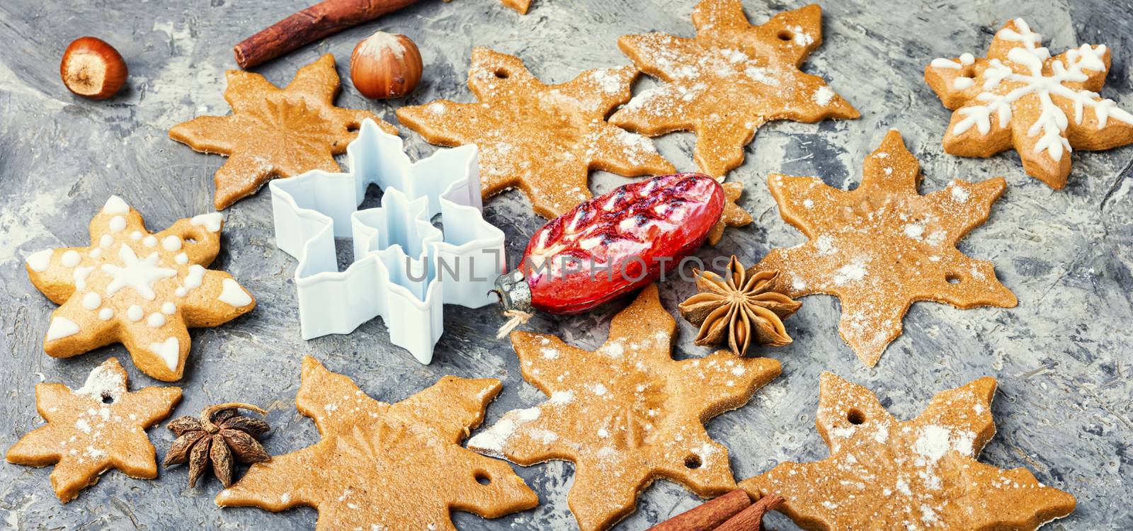 Christmas gingerbread cookies with festive decoration.Cooking Christmas gingerbread