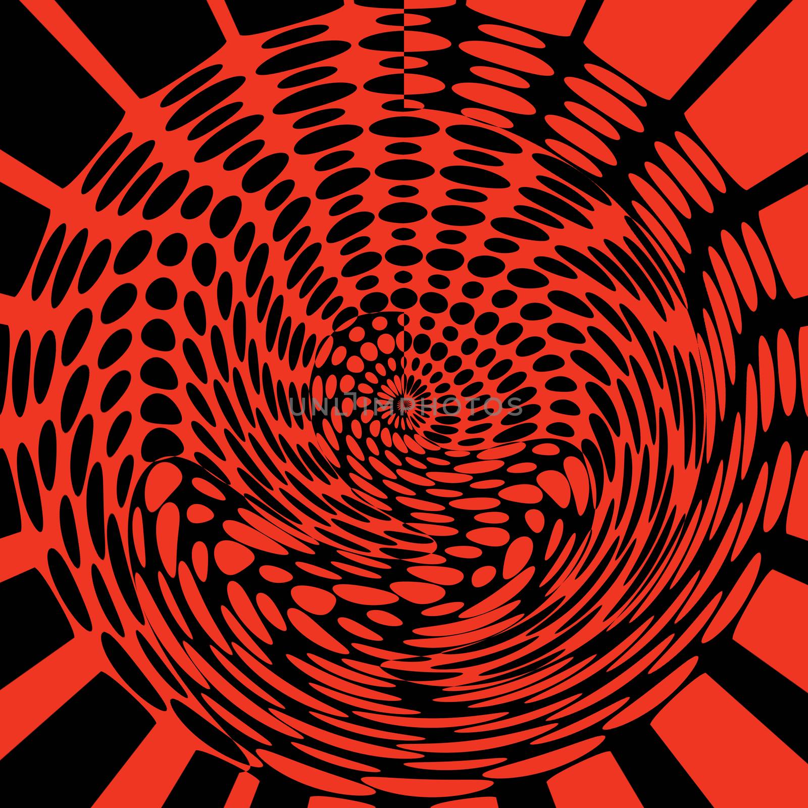 A background of red and black with red and black spots in a vortex