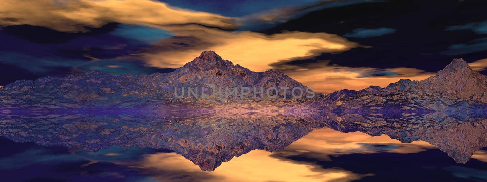 beautiful view of a mountain mirrored on a lake - 3d rendering by mariephotos