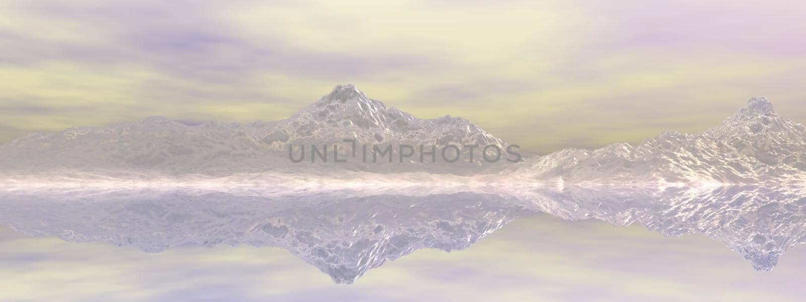 beautiful view of a mountain mirrored on a lake and sky - 3d rendering