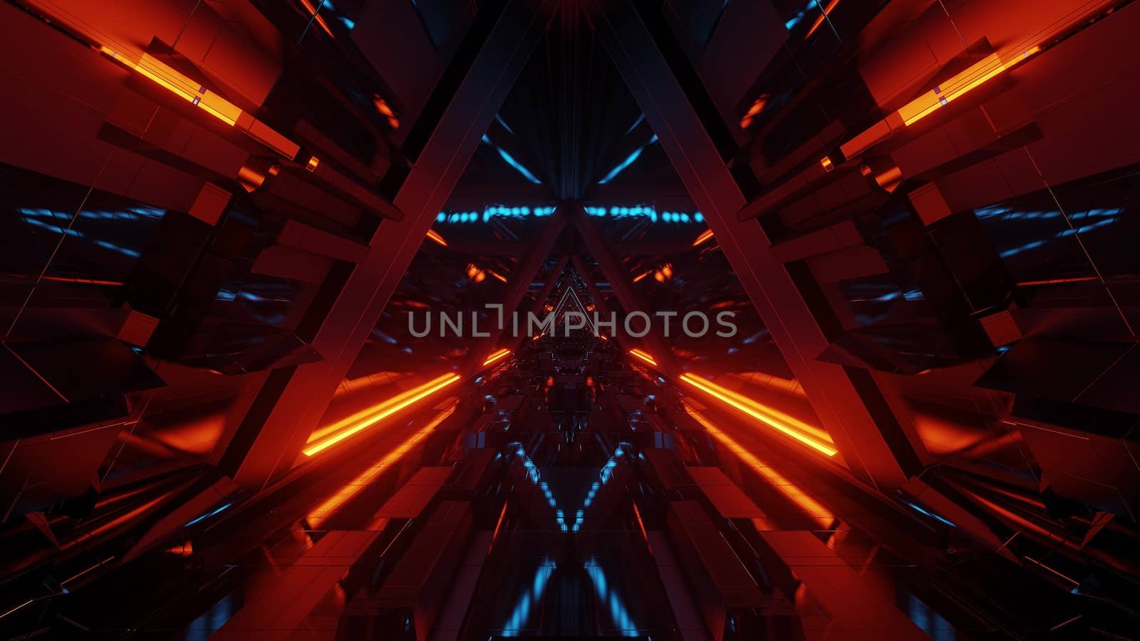 technical triangle space ship hangar tunnel corridor with glass windows 3d illustrations graphics artworks background wallpaper, futuristic sci-fi space tunnel 3d rendering design