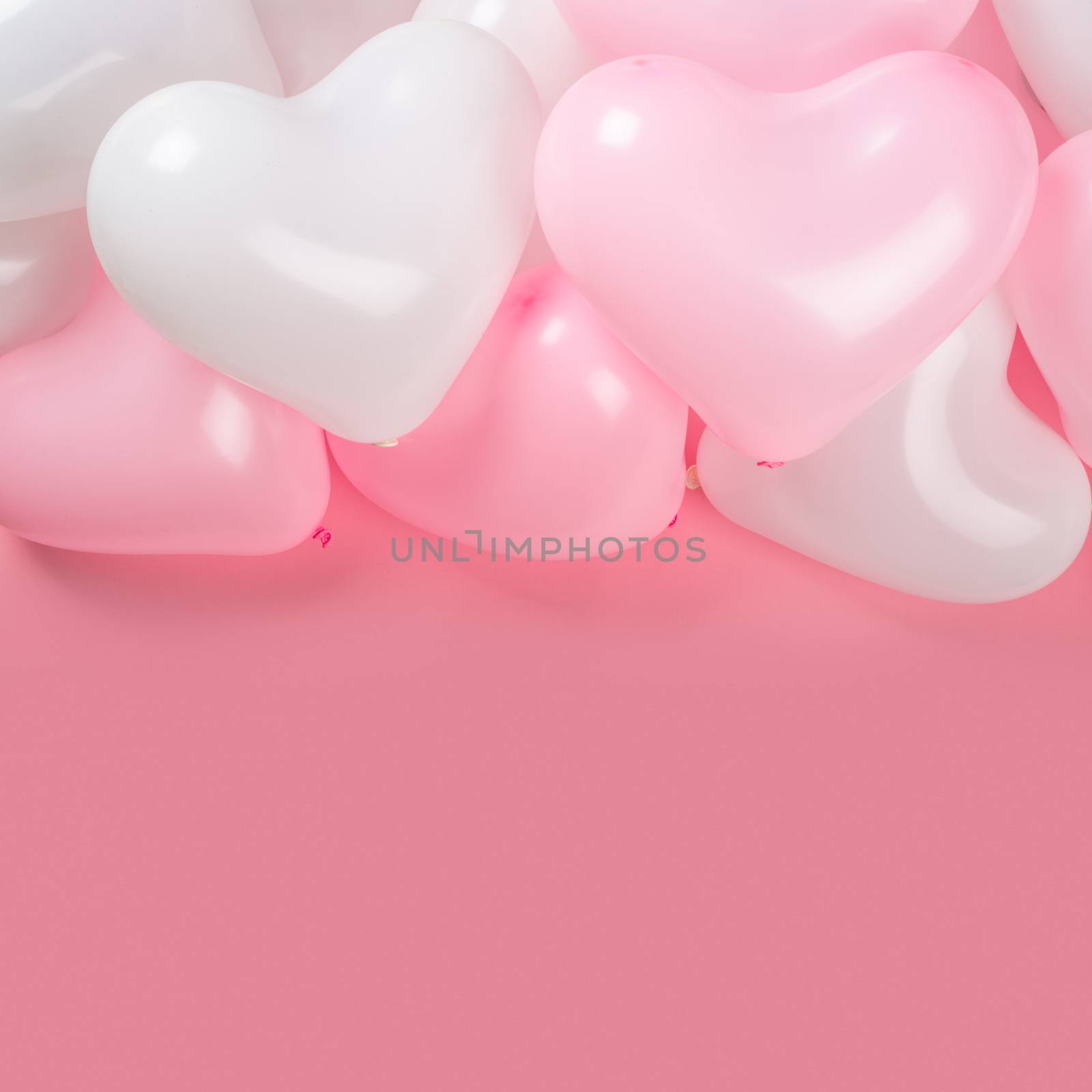 Happy valentines day greetings many heart shaped pink and white balloons background border frame flat lay with copy space for text