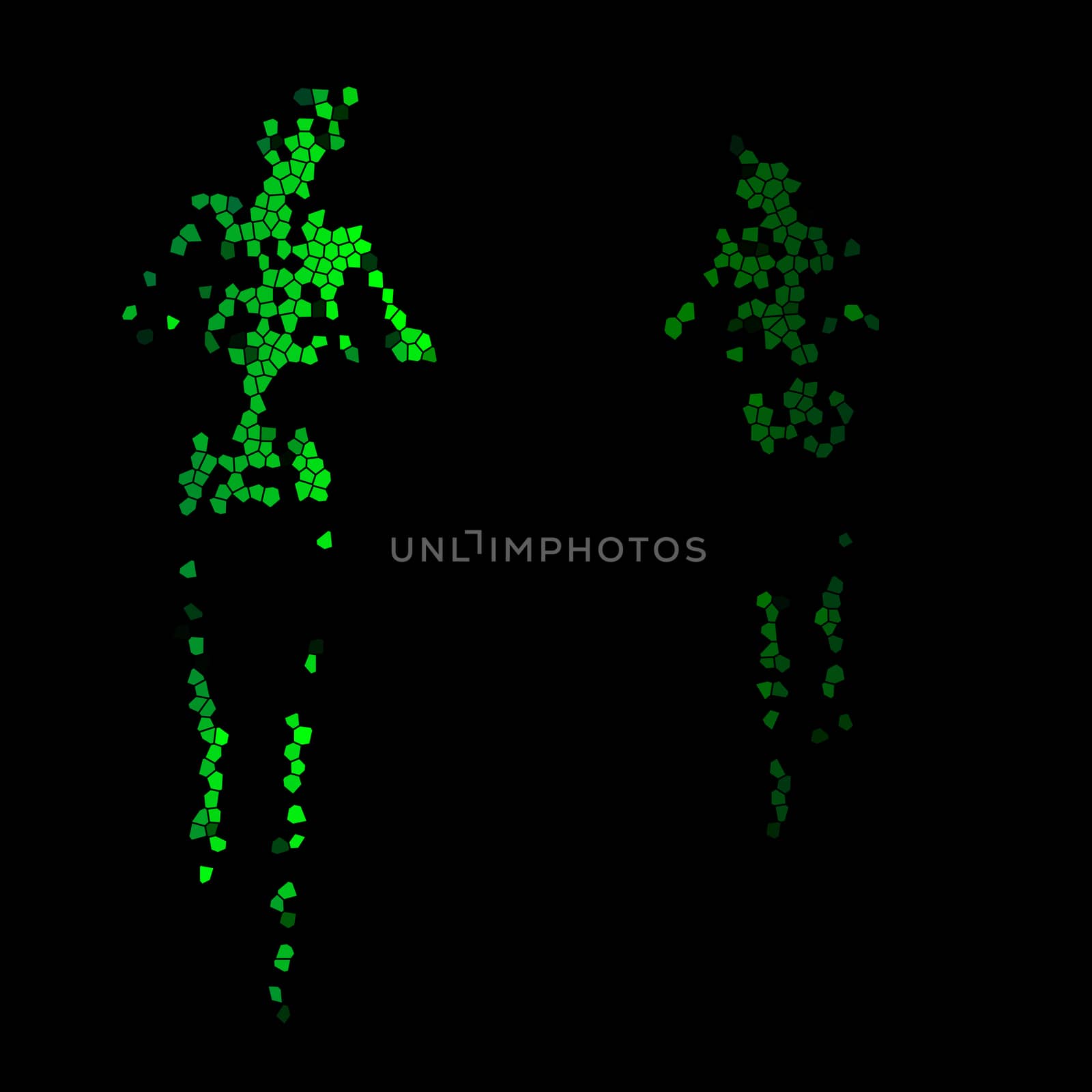 Abstract green human with outstretched arms all over a black background