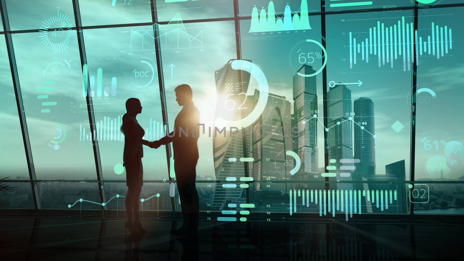 Silhouettes of business people in a handshake against the background of a window overlooking skyscrapers and a virtual infographic.