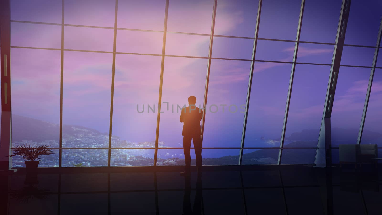 A silhouette of a businessman standing against an office window with a view of the coastal town.