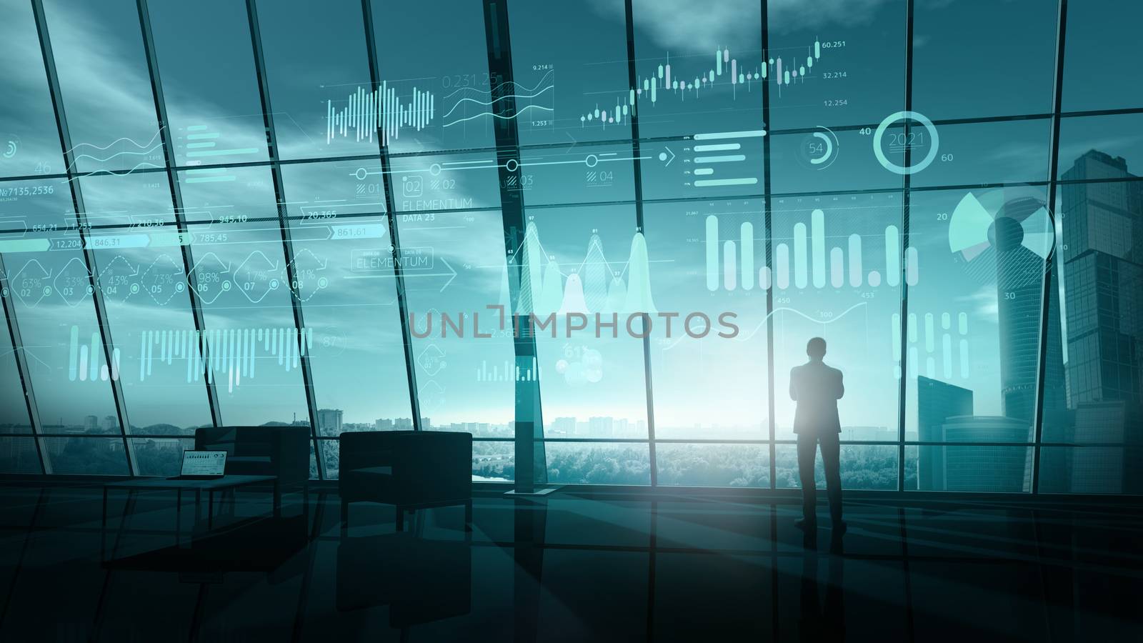 Silhouette of a businessman and a hologram of infographic data in his office with panoramic window overlooking the cityscape with skyscrapers.
