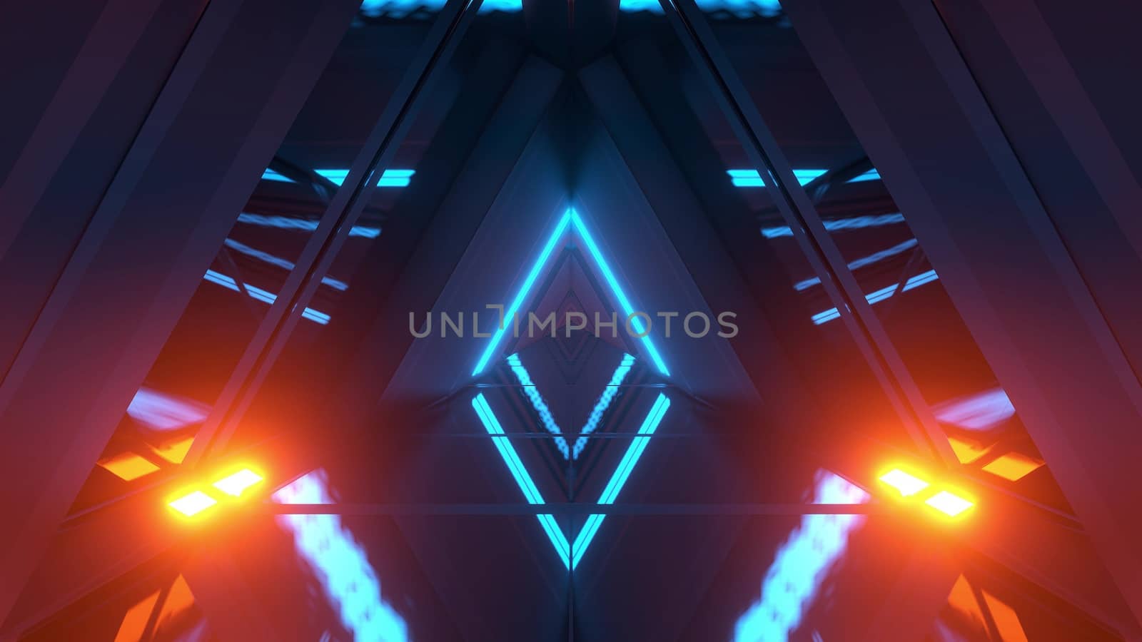 glowing triangle space ship temple tunnel corridor in futuristic sci-fi style with reflective glass bottom 3d illustration background wallpaper by tunnelmotions