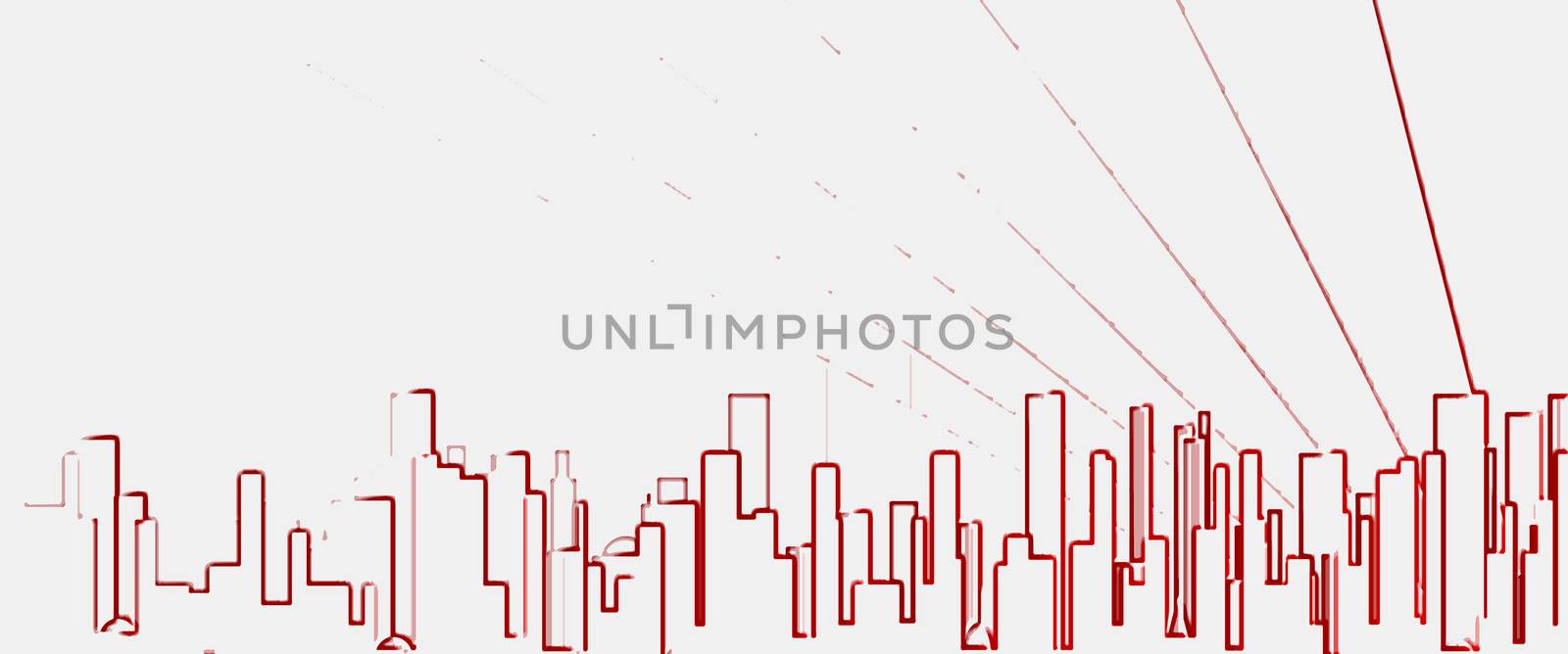 A red cityscape shown in line drawing and silhouette.