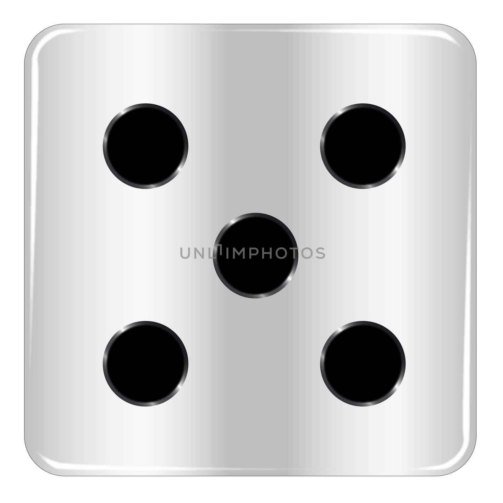 The face of a dice with five black spots over a white background