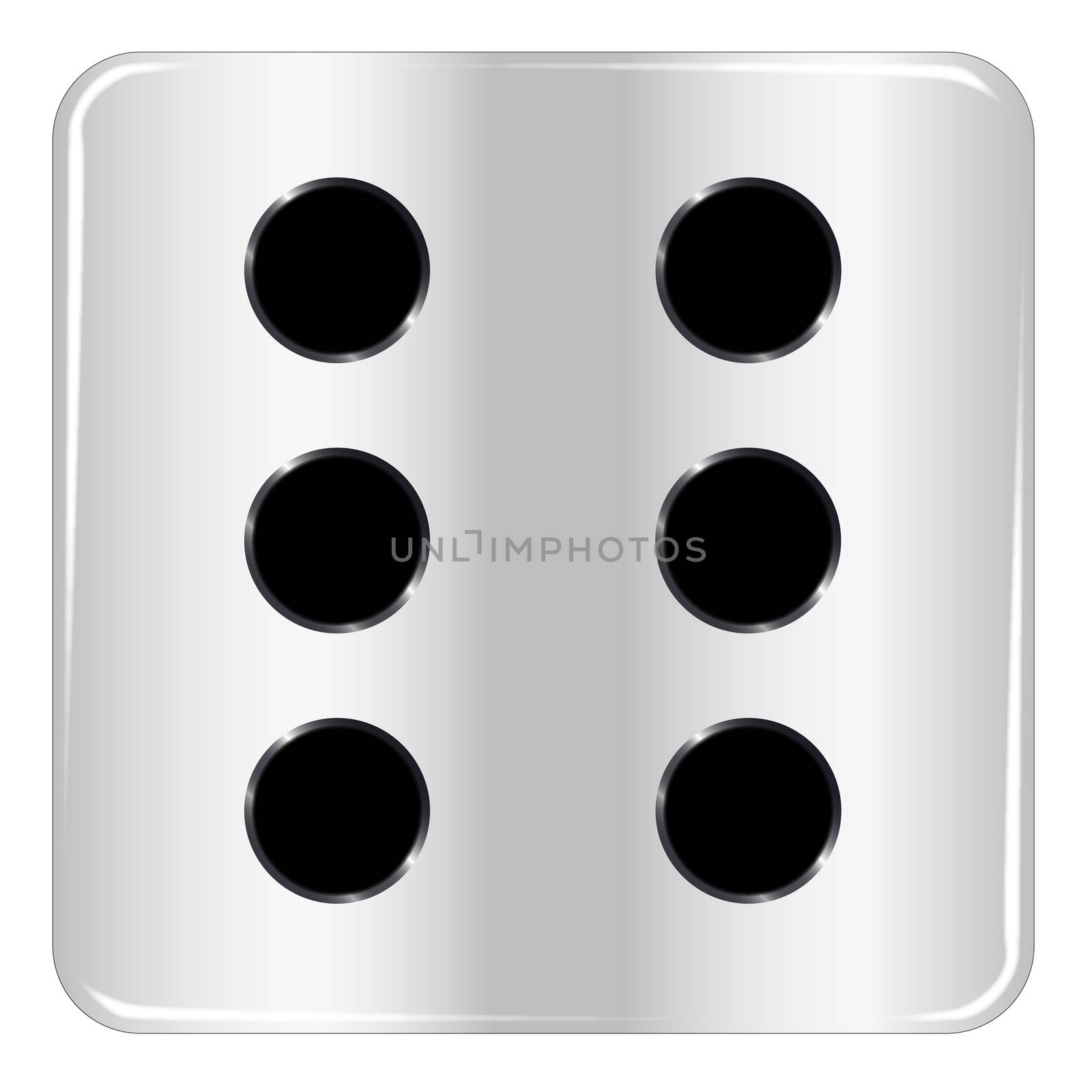 The face of a dice with six black spots over a white background