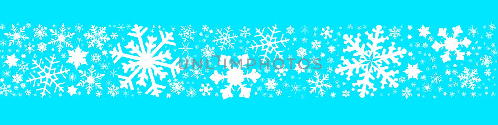 A banner of christmas snowflakes on a light blue background.
