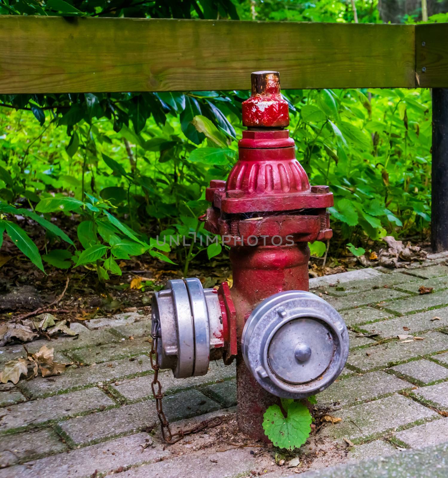 Retro fire prevention system, Red fire hydrant with multiple hose fittings, outdoor safety by charlottebleijenberg