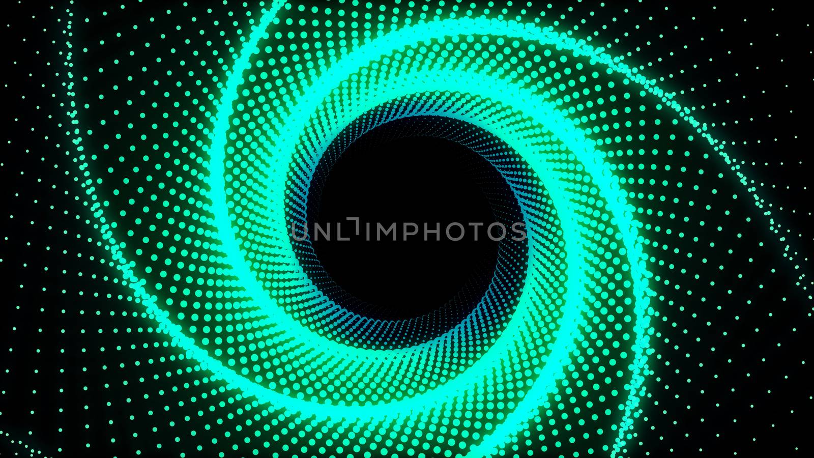 3d Illustration, Green dots lined up in lines It was put together until it was a pantagon pipe and it is twisted until it the same circle.