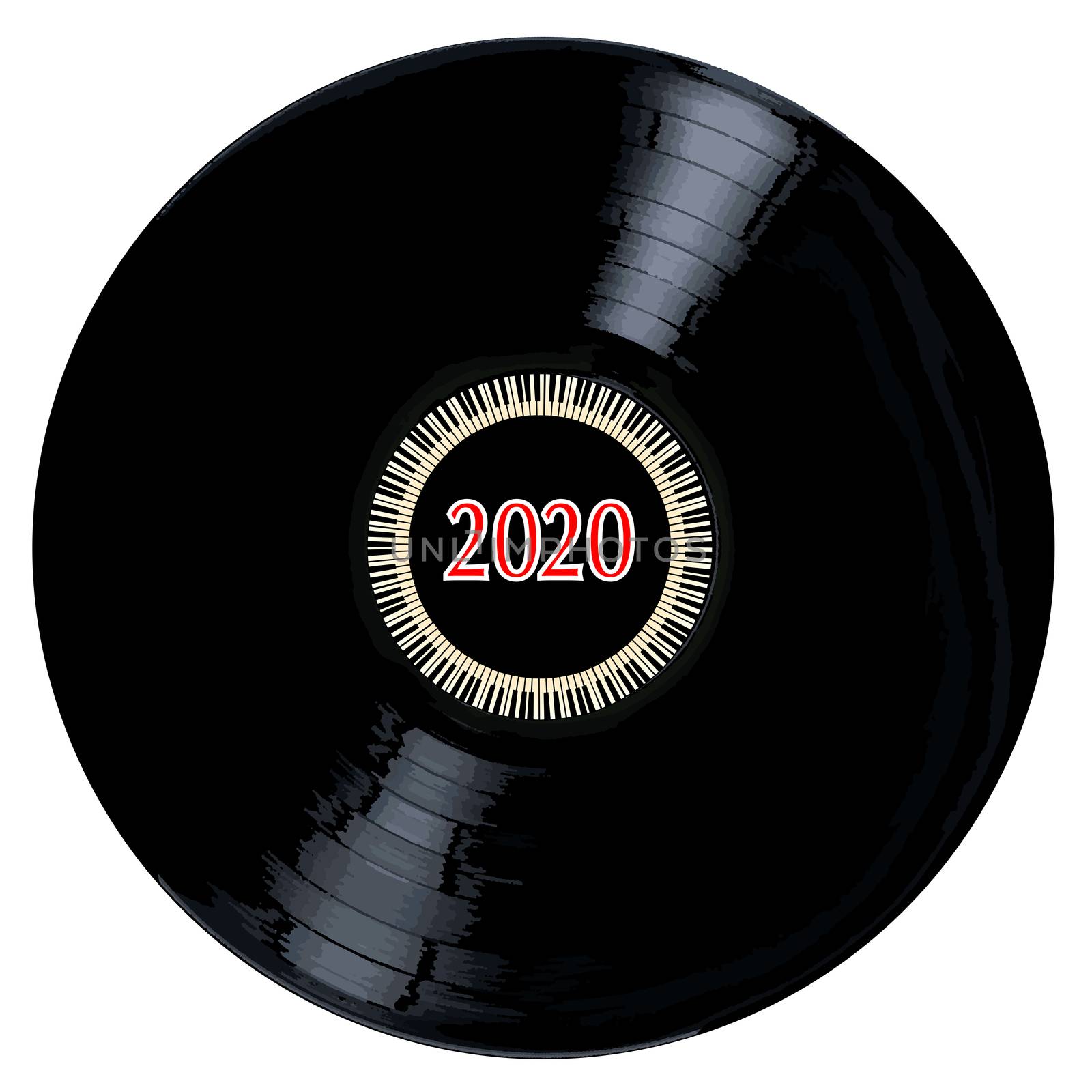 A typical LP vinyl record with the legend 2020 and a circle of piano keys all over a white background.