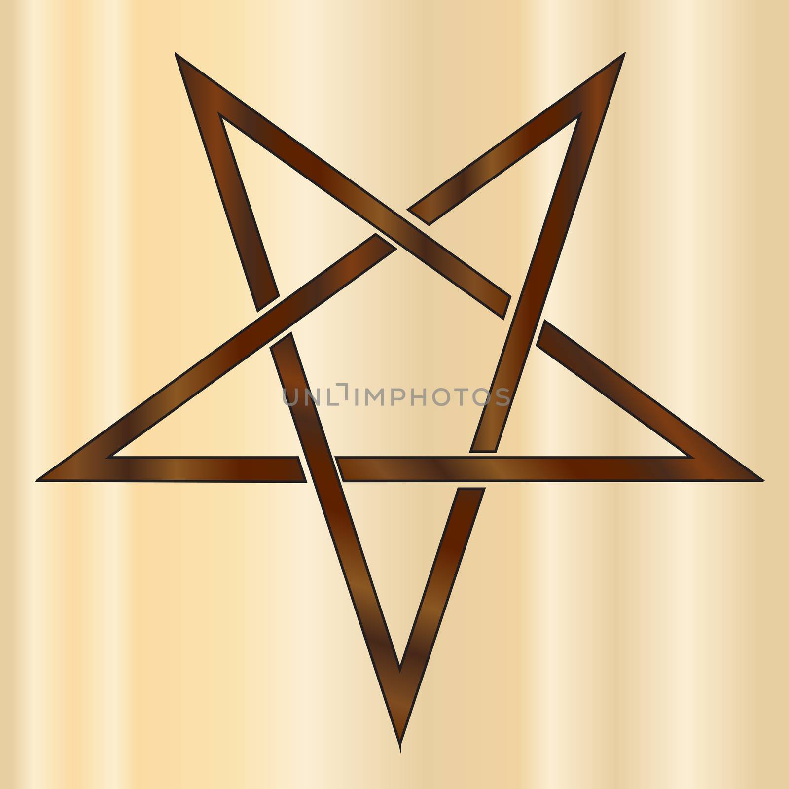 The ancient symbol the pentangle in dark woods over a lighter wooden background